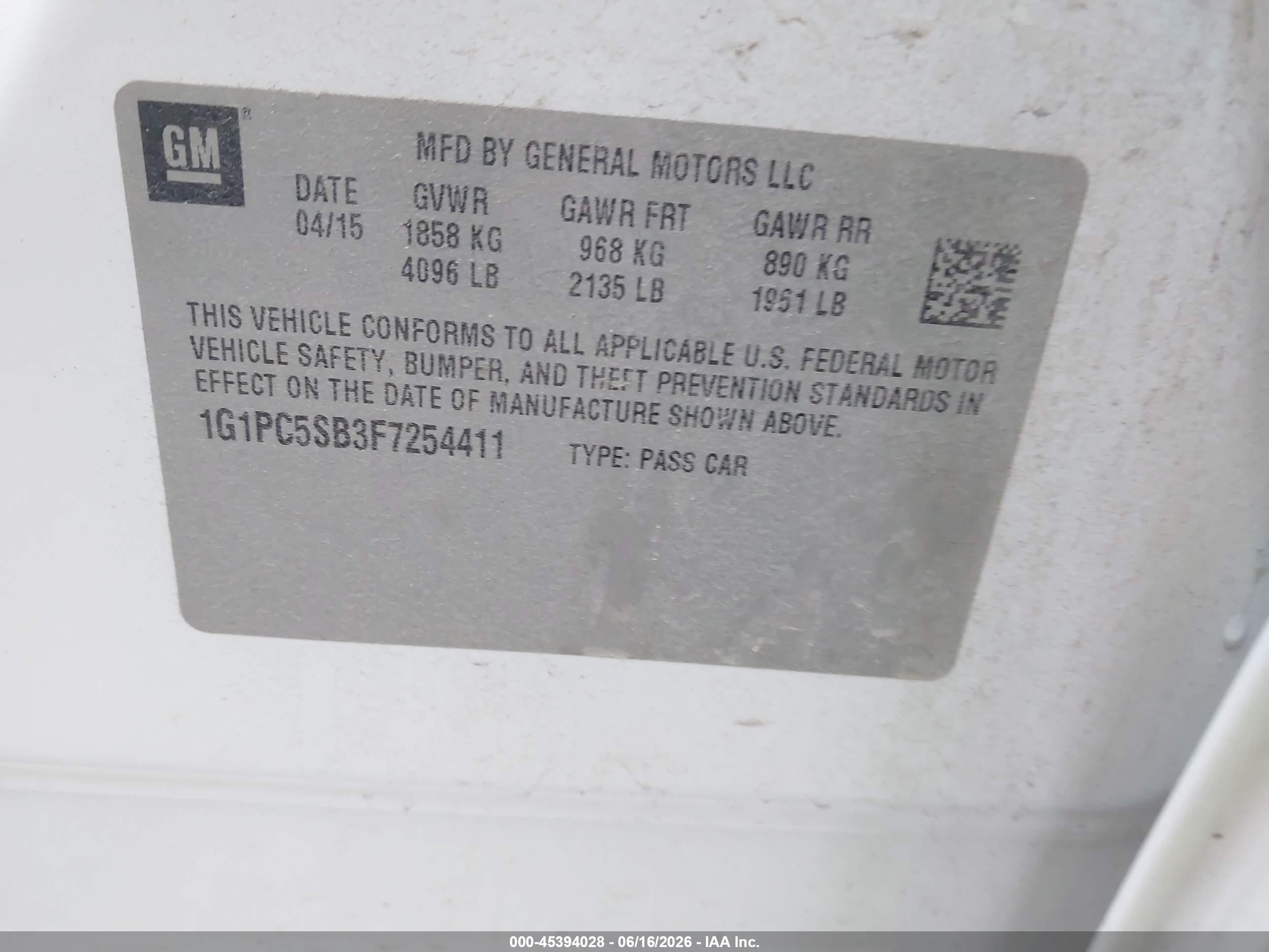 2015 Chevrolet Cruze 1lt Auto Белый vin: 1G1PC5SB3F7254411