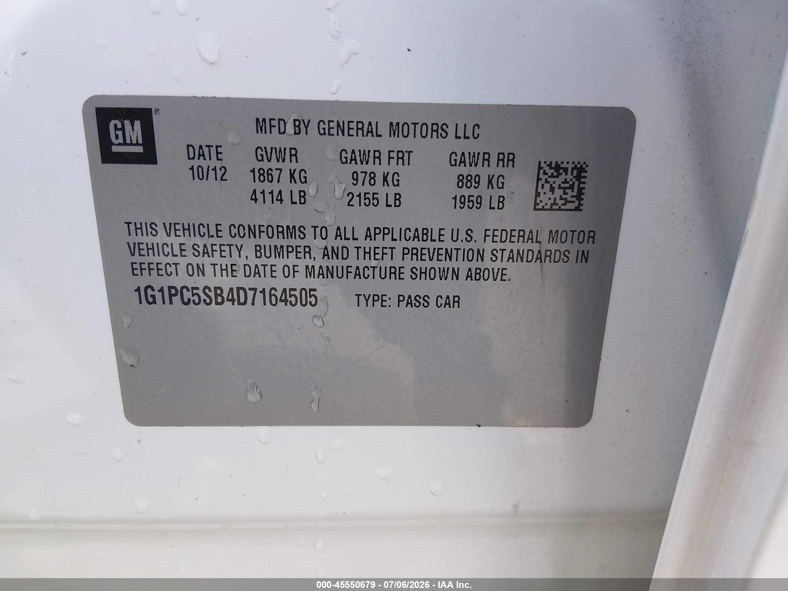 2013 Chevrolet Cruze 1lt Auto White vin: 1G1PC5SB4D7164505