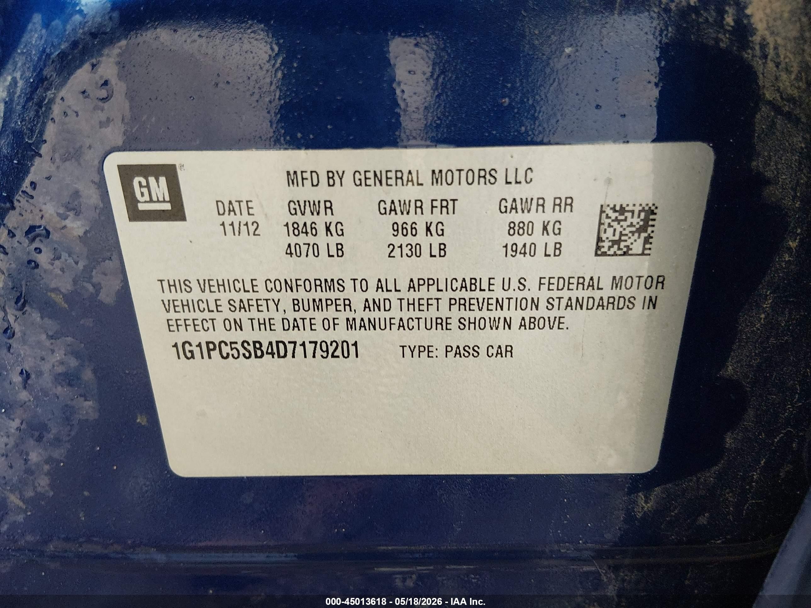 2013 Chevrolet Cruze 1lt Auto Blue vin: 1G1PC5SB4D7179201
