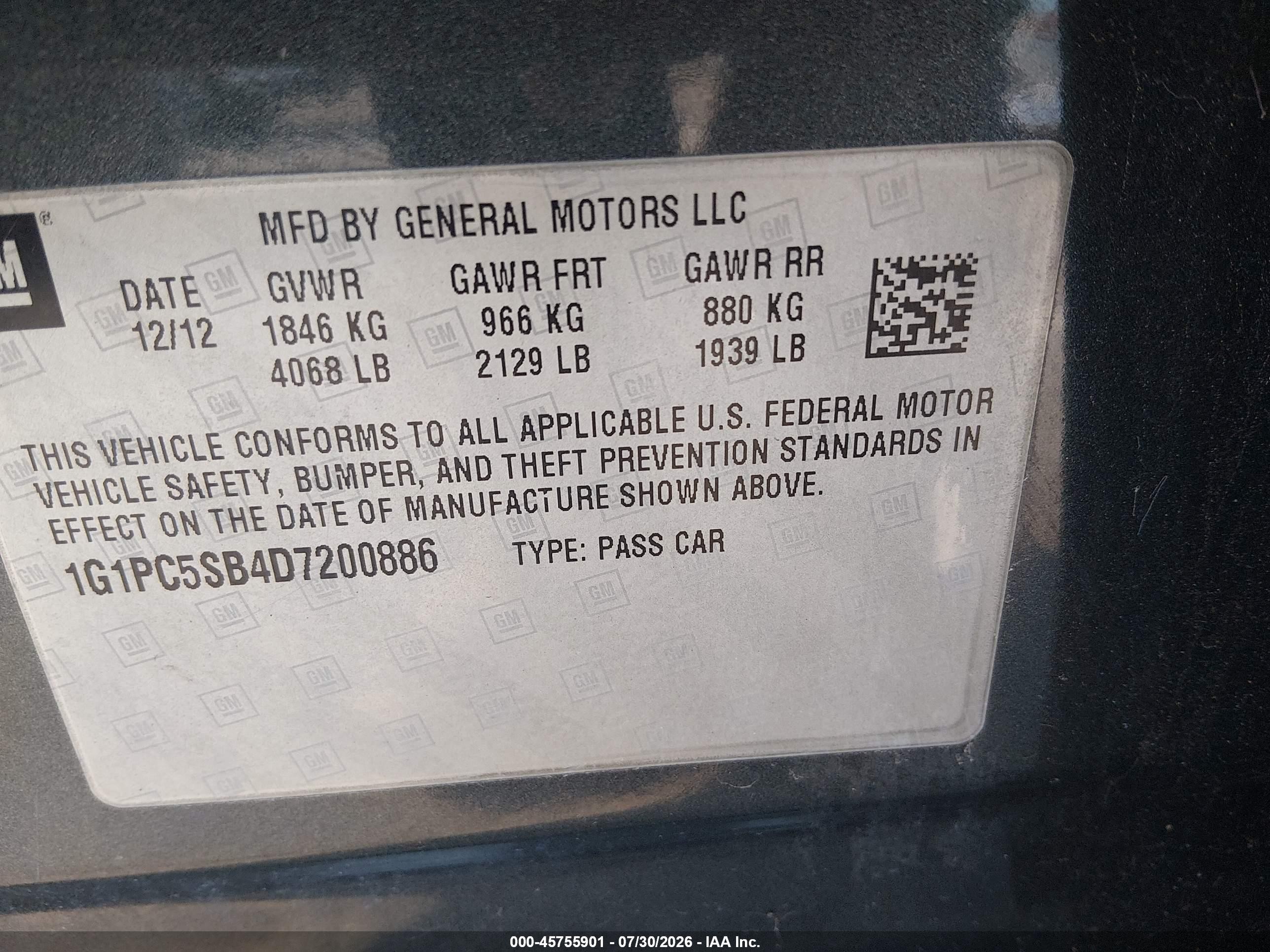 2013 Chevrolet Cruze 1lt Auto Light Blue vin: 1G1PC5SB4D7200886