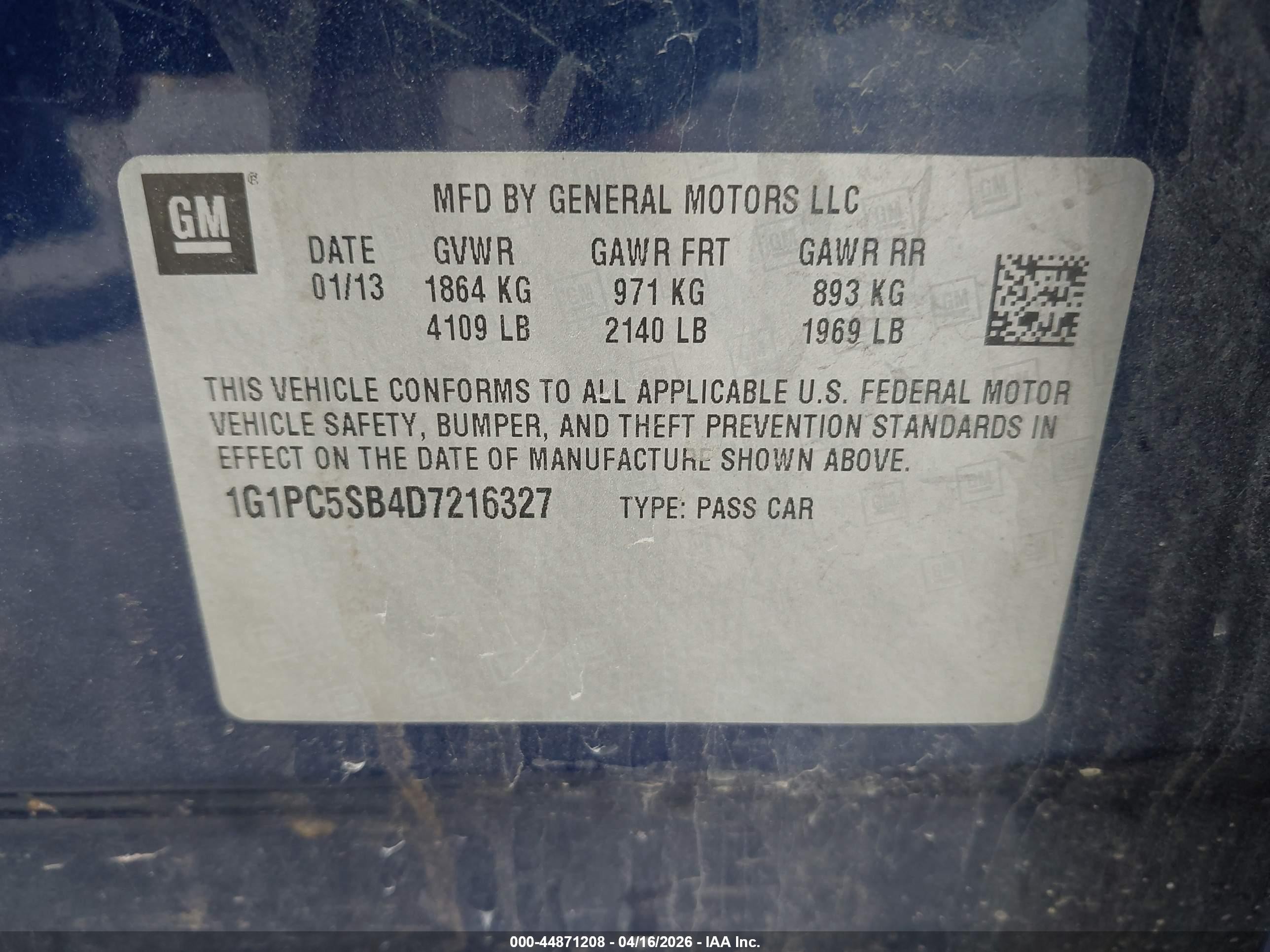 2013 Chevrolet Cruze 1lt Auto Blue vin: 1G1PC5SB4D7216327