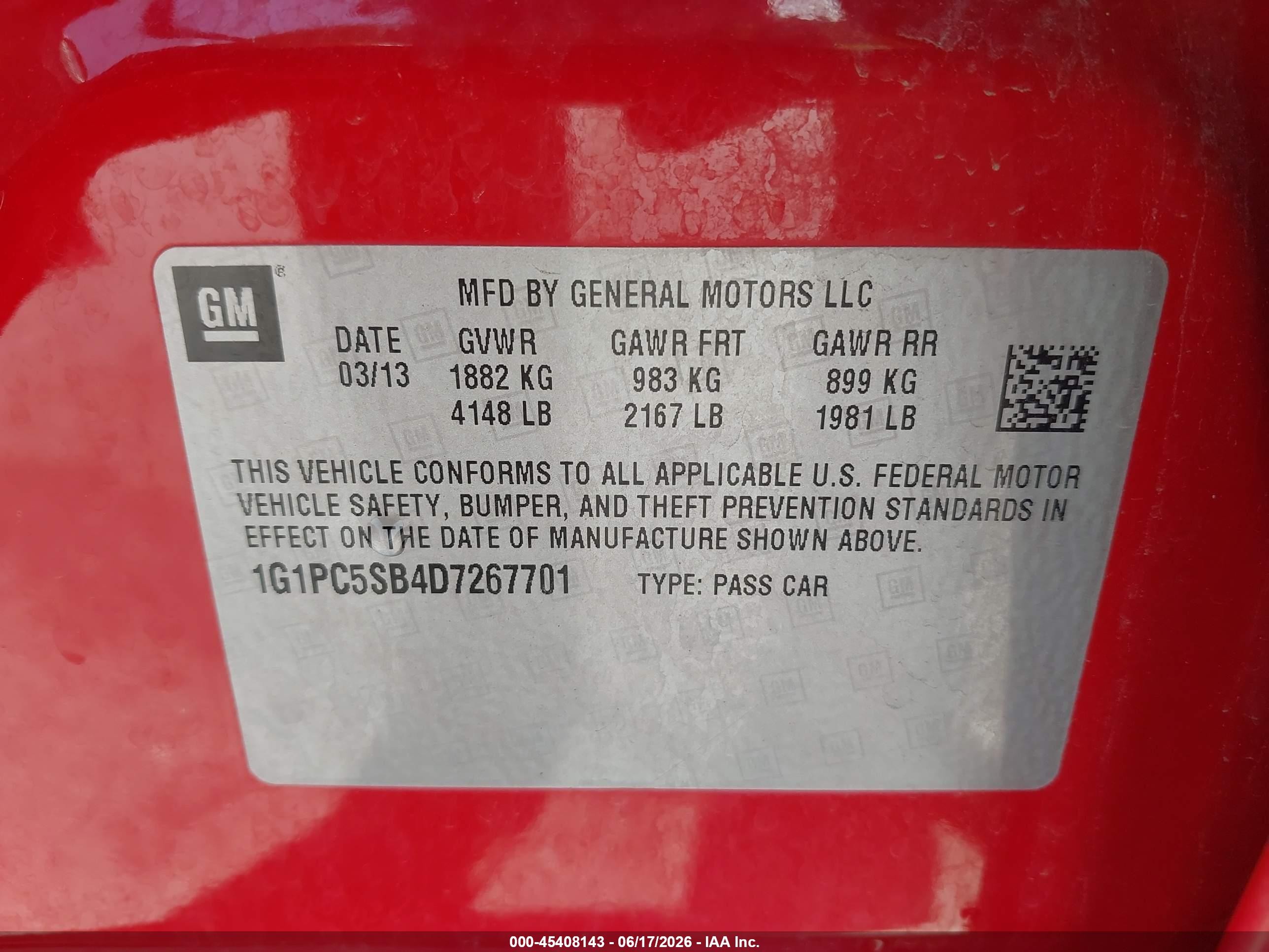 2013 Chevrolet Cruze 1lt Auto Red vin: 1G1PC5SB4D7267701
