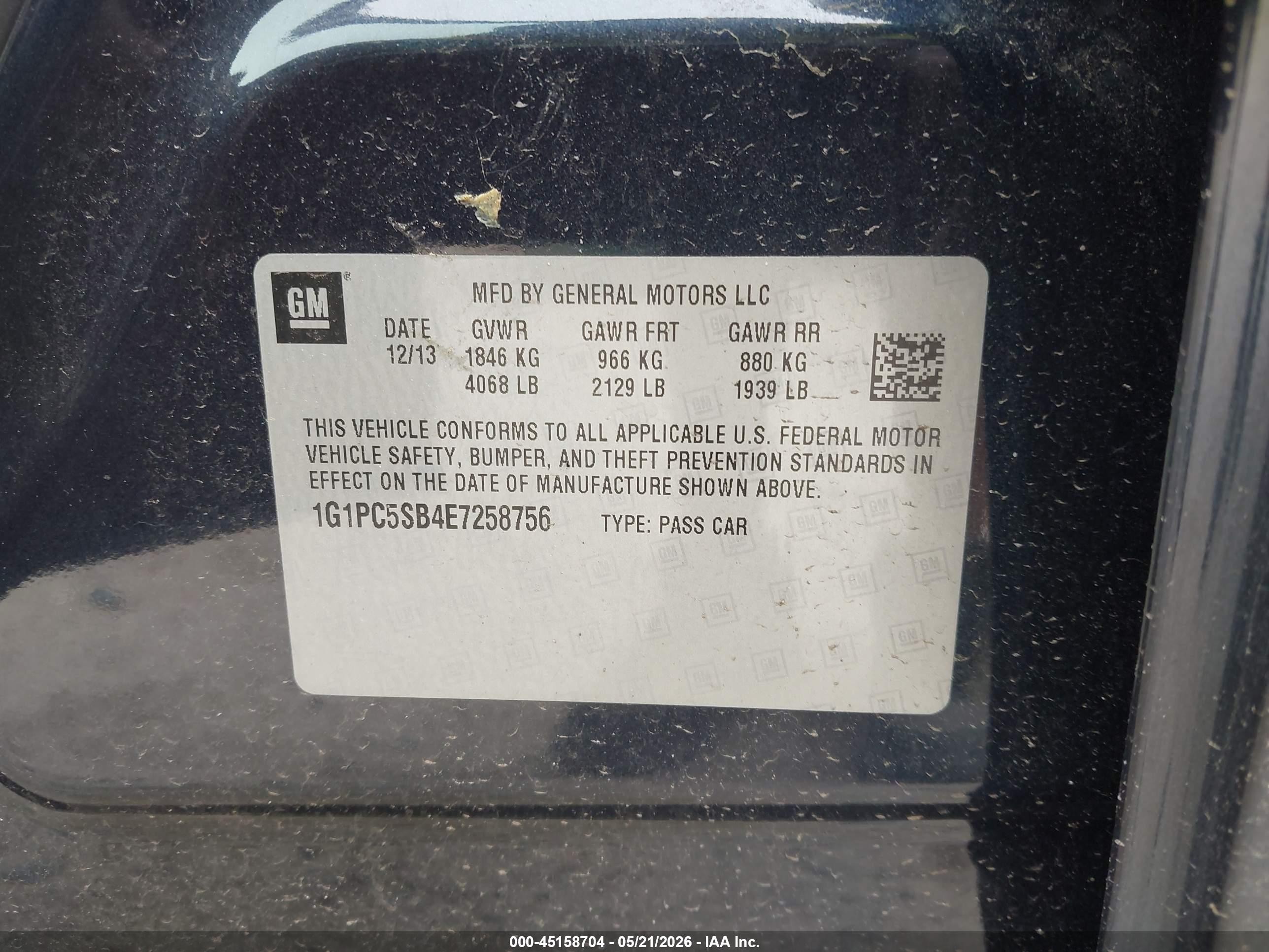 2014 Chevrolet Cruze 1lt Auto Blue vin: 1G1PC5SB4E7258756