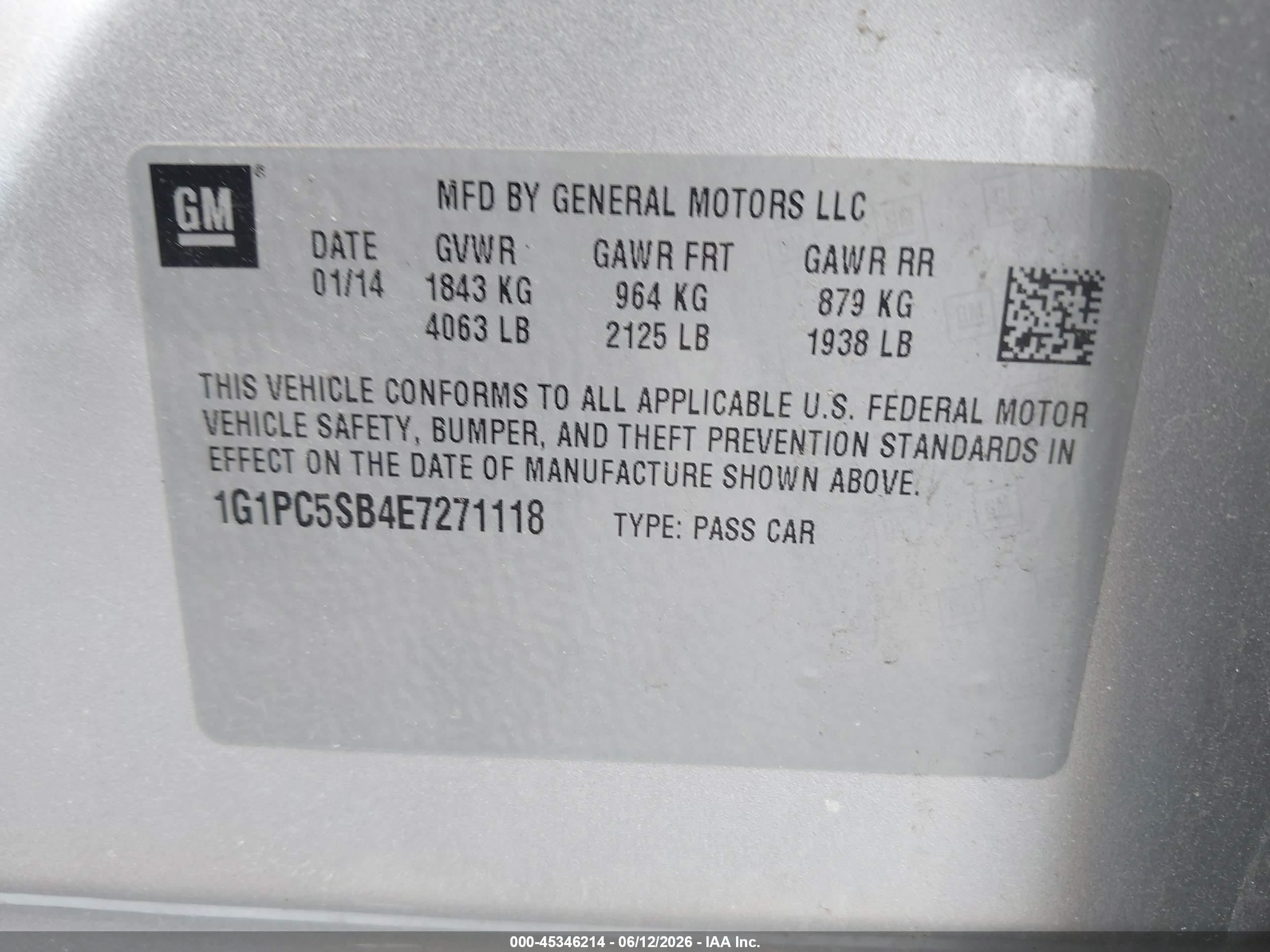 2014 Chevrolet Cruze 1lt Auto Серебряный vin: 1G1PC5SB4E7271118
