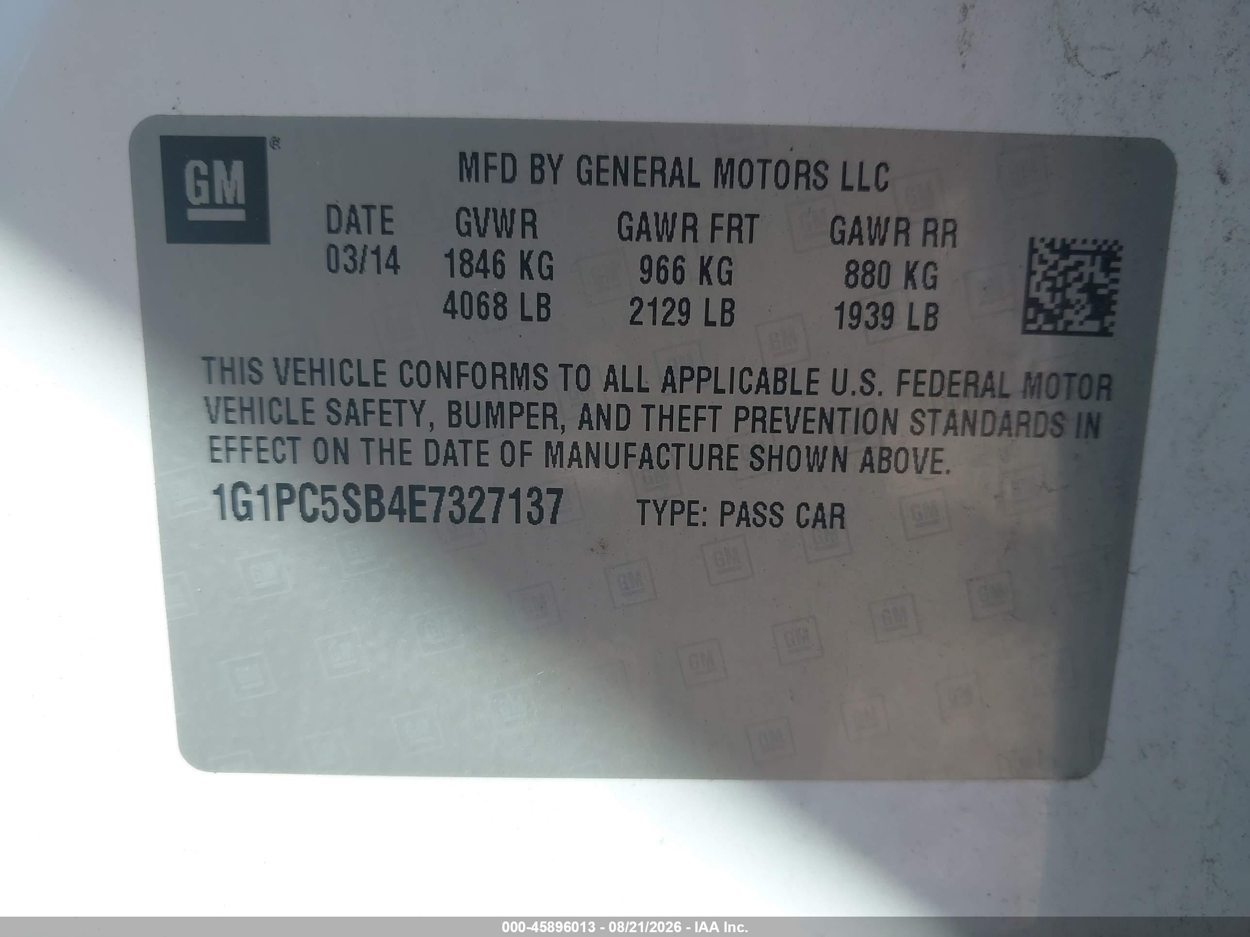 2014 Chevrolet Cruze 1lt Auto White vin: 1G1PC5SB4E7327137