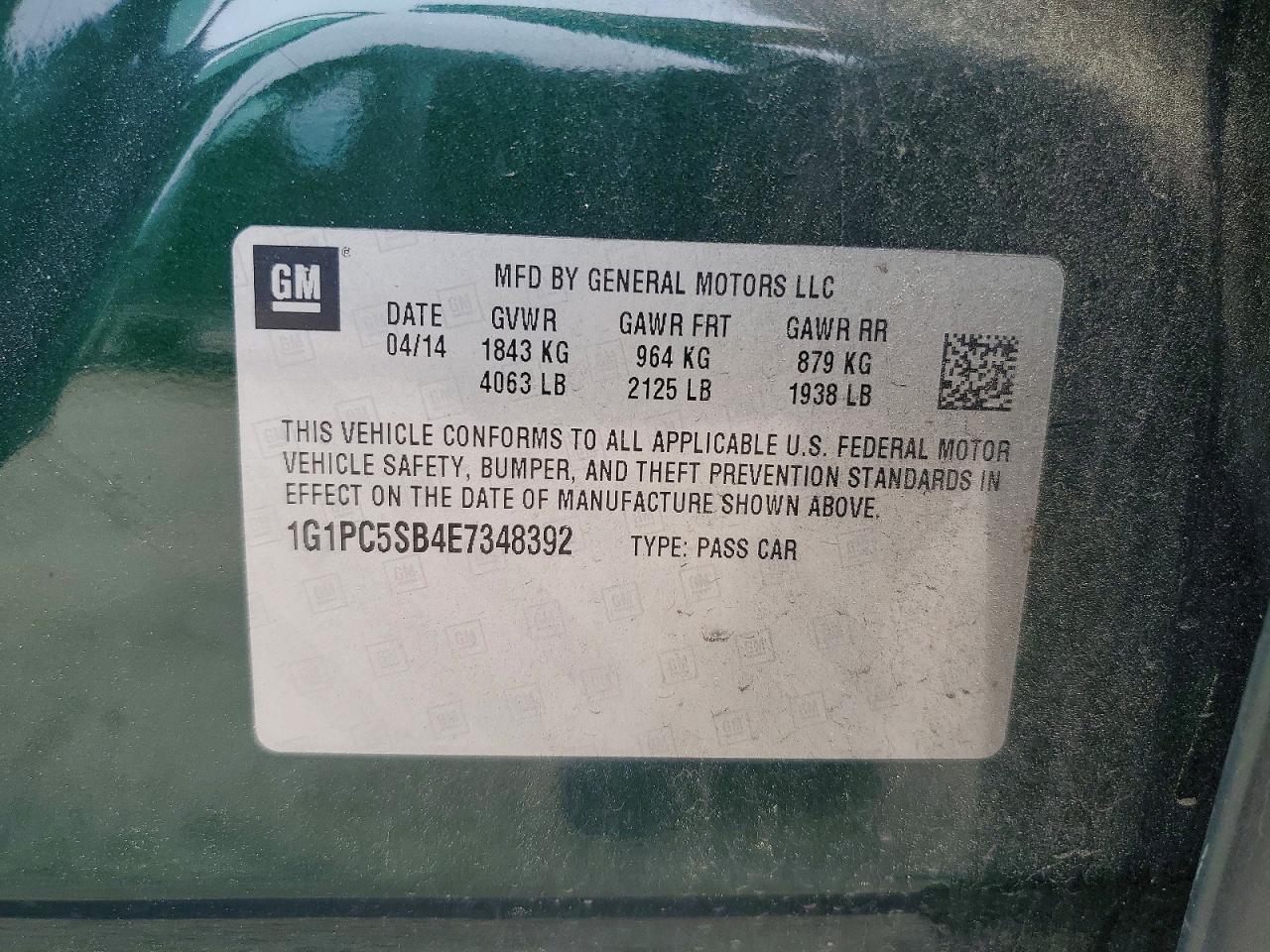 2014 Chevrolet Cruze Lt Green vin: 1G1PC5SB4E7348392