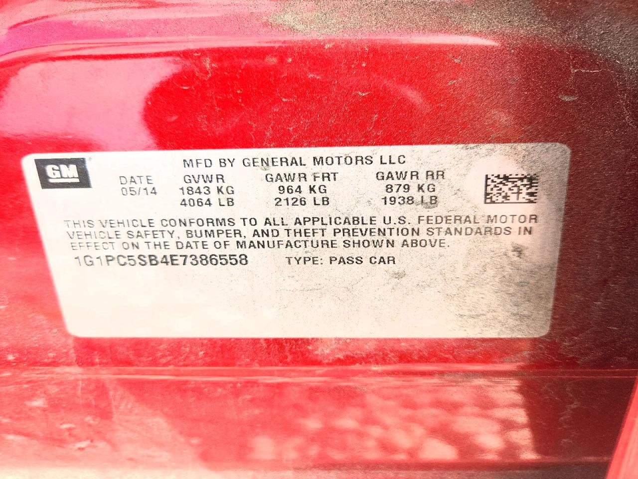 2014 Chevrolet Cruze Lt Red vin: 1G1PC5SB4E7386558