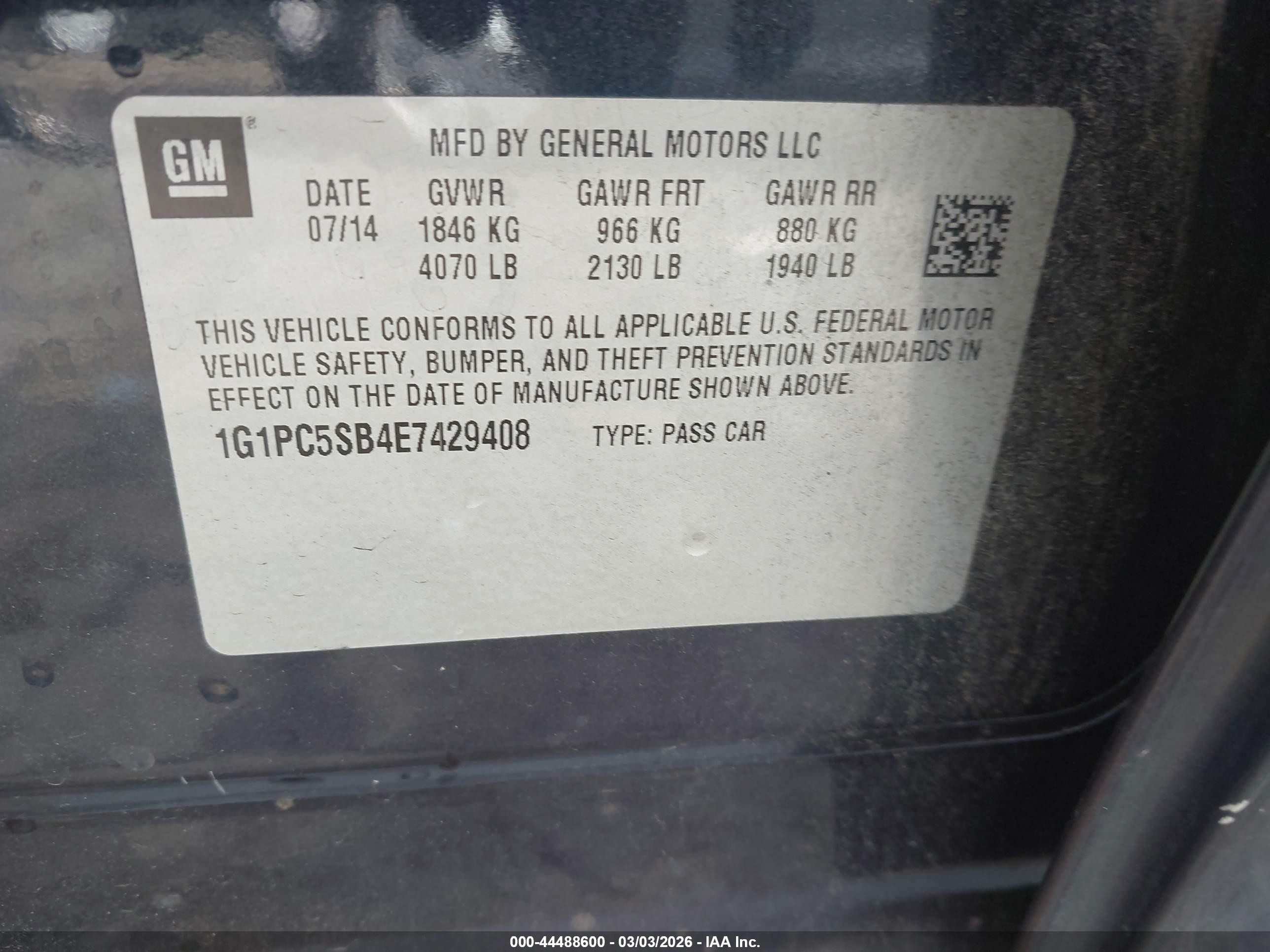 2014 Chevrolet Cruze 1lt Auto Navy vin: 1G1PC5SB4E7429408