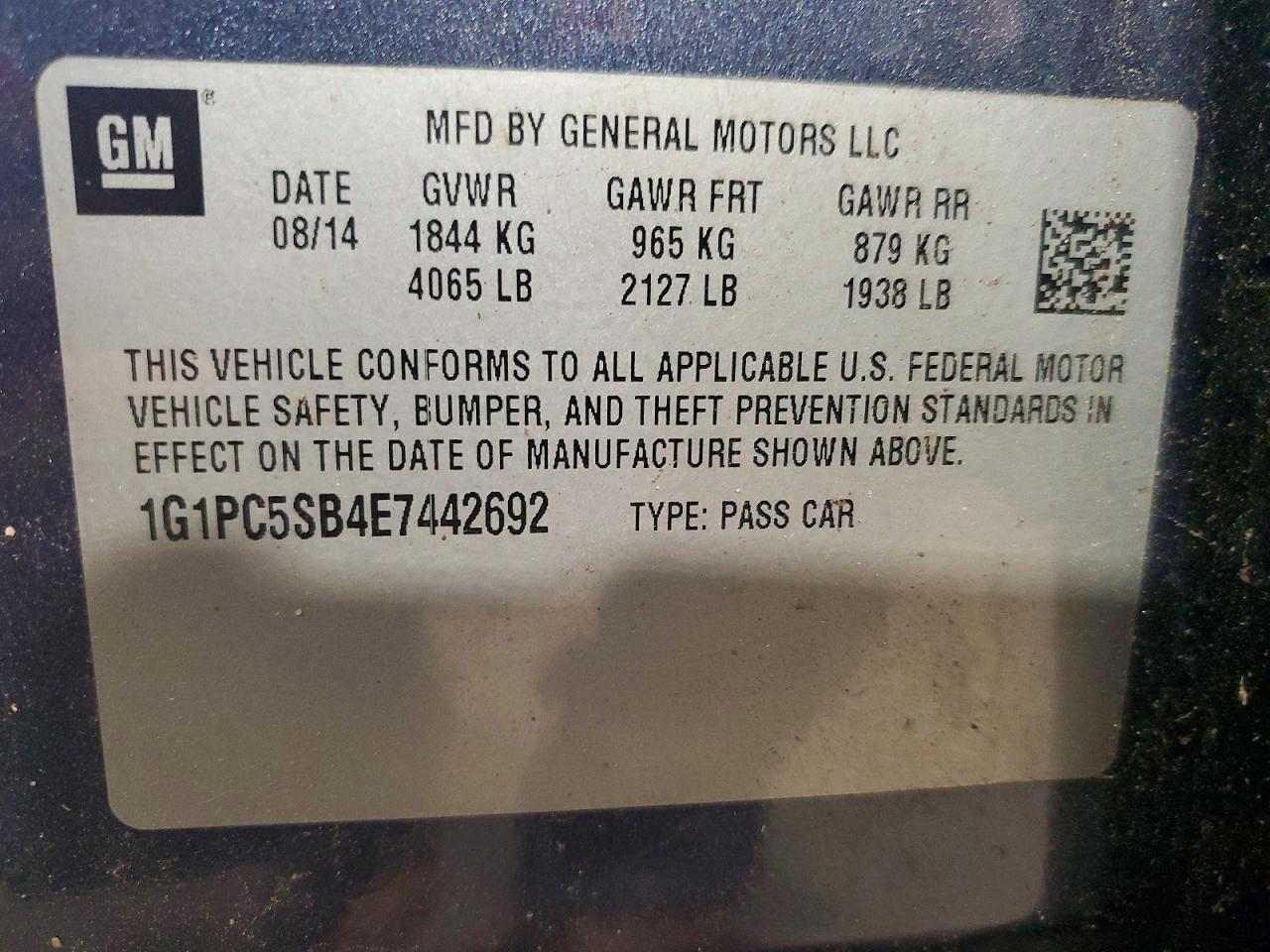 2014 Chevrolet Cruze Lt Blue vin: 1G1PC5SB4E7442692