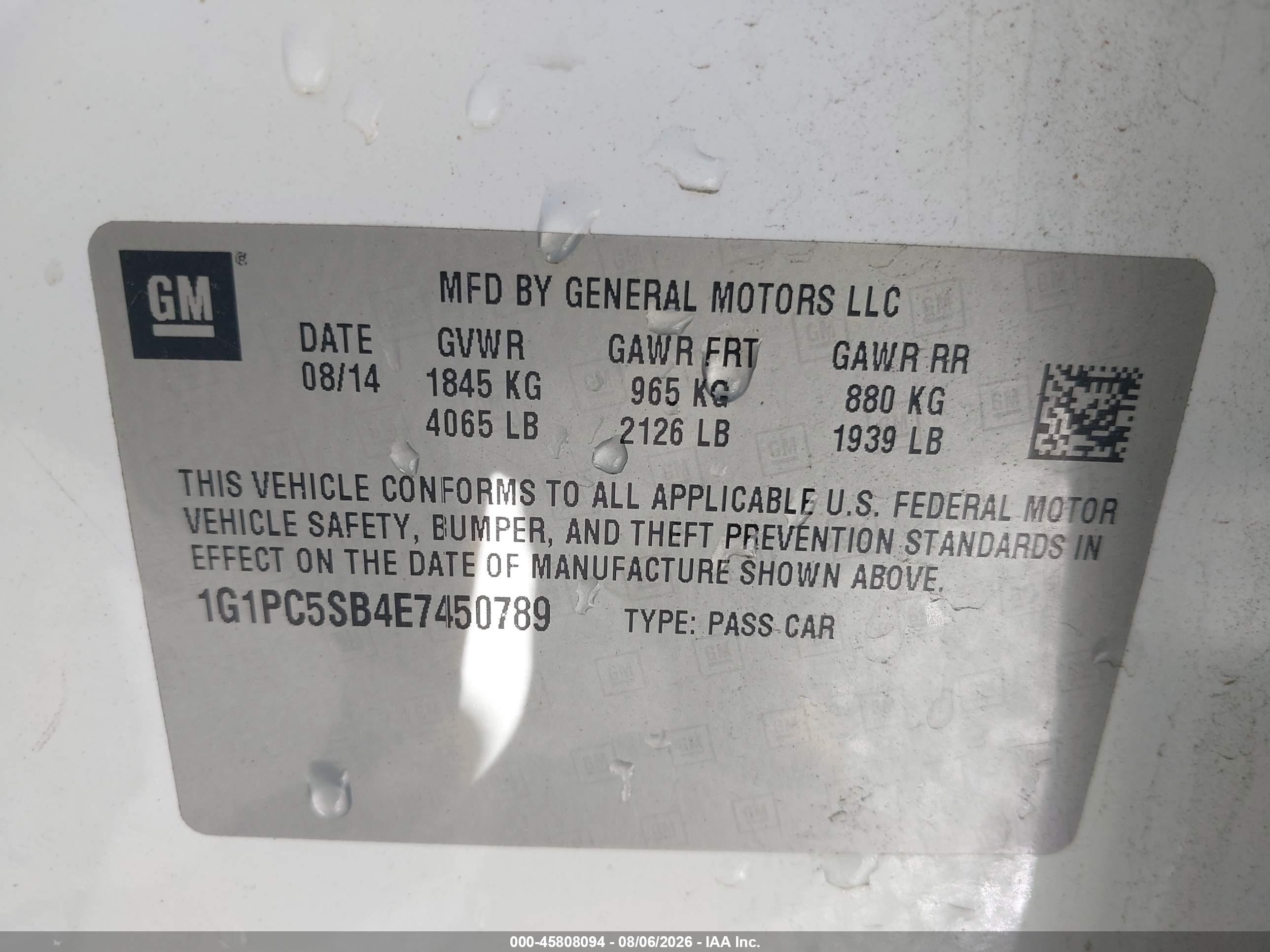 2014 Chevrolet Cruze 1lt Auto White vin: 1G1PC5SB4E7450789