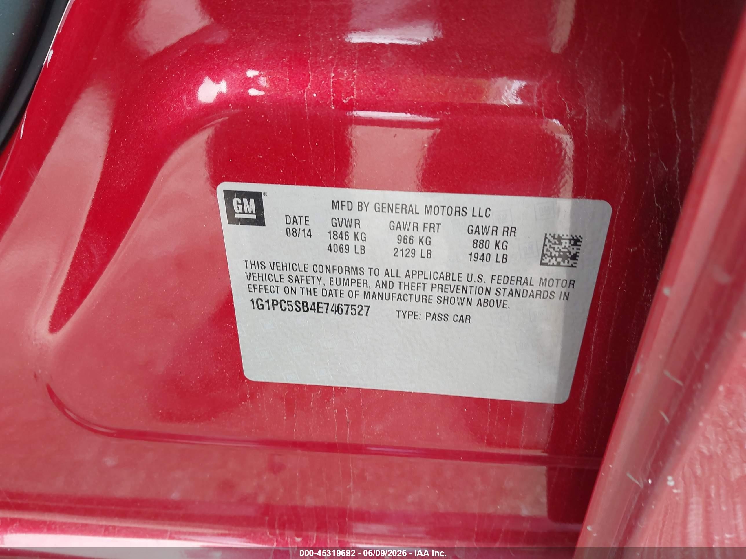 2014 Chevrolet Cruze 1lt Auto Red vin: 1G1PC5SB4E7467527
