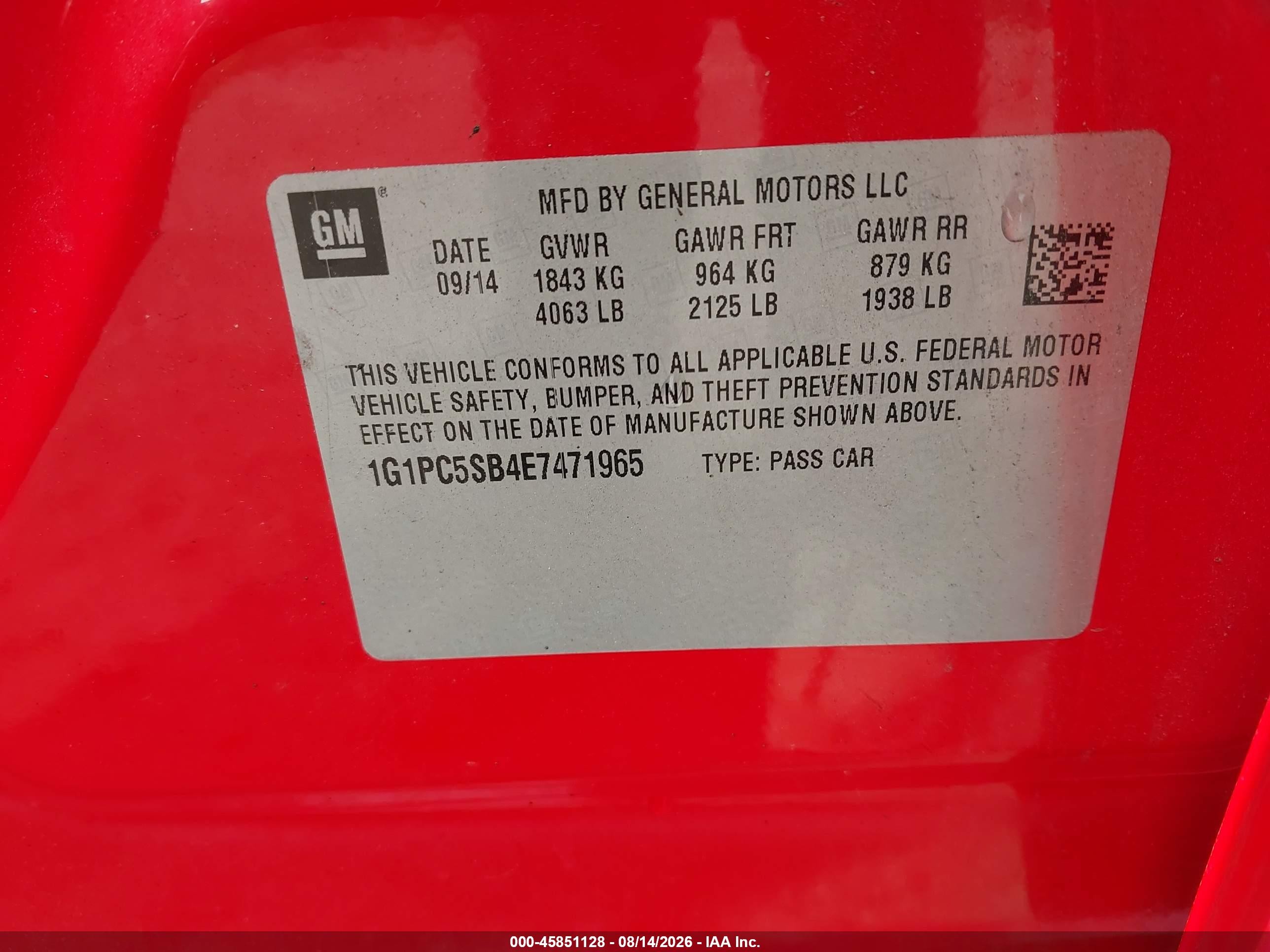 2014 Chevrolet Cruze 1lt Auto Red vin: 1G1PC5SB4E7471965