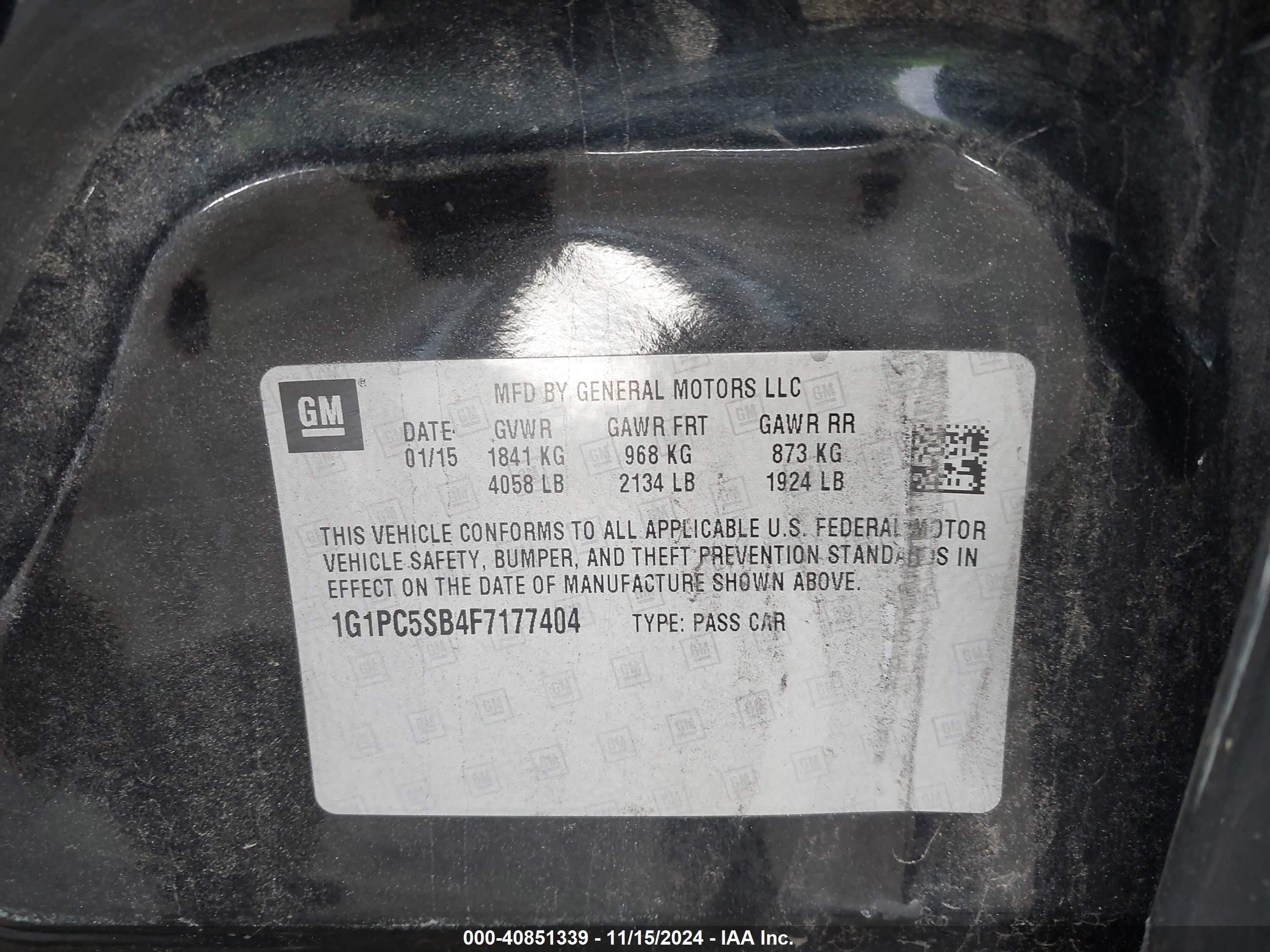 2015 Chevrolet Cruze 1lt Auto Черный vin: 1G1PC5SB4F7177404