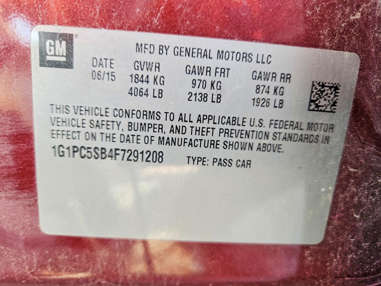 2015 Chevrolet Cruze Lt Burgundy vin: 1G1PC5SB4F7291208