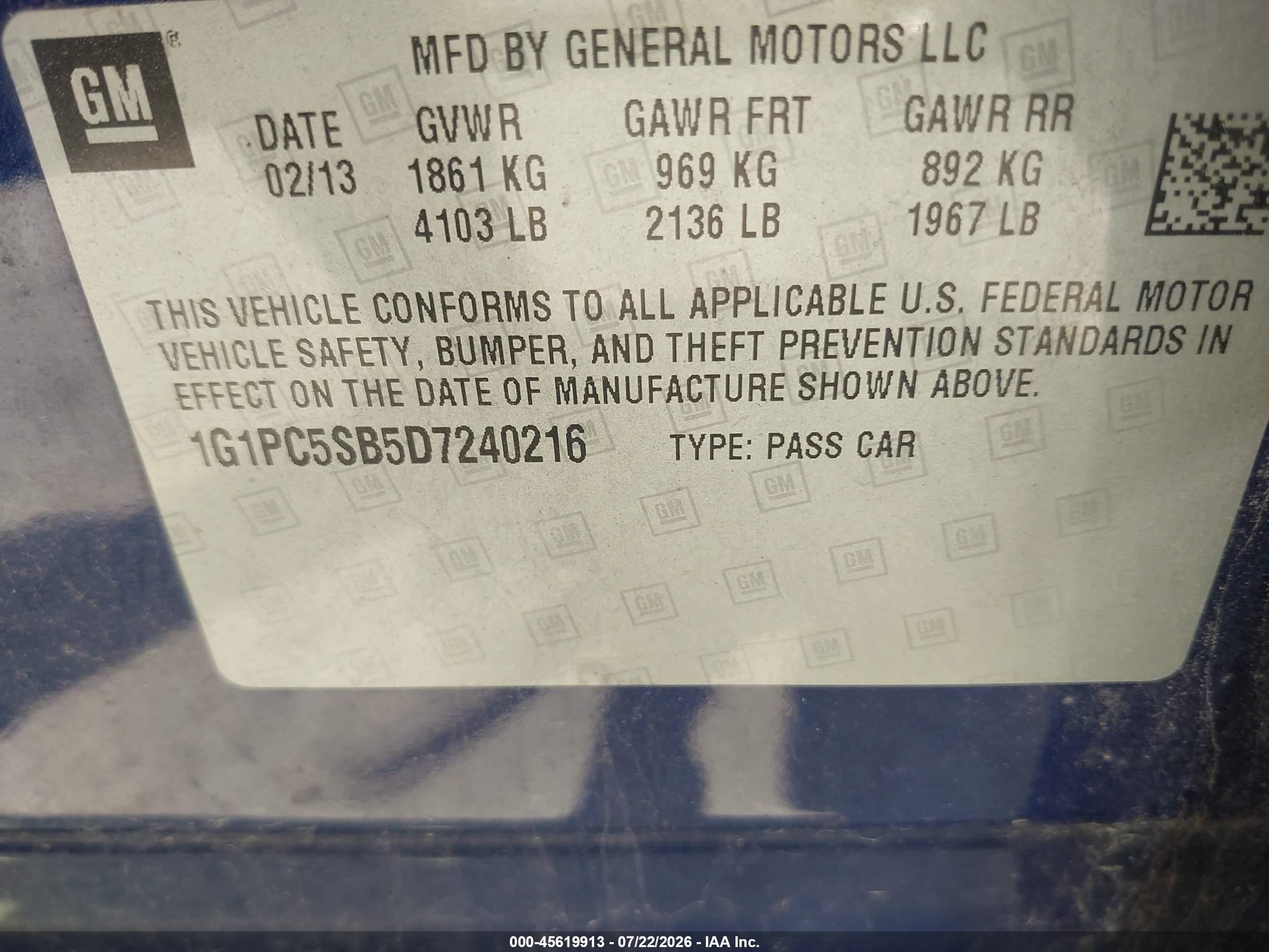 2013 Chevrolet Cruze 1lt Auto Blue vin: 1G1PC5SB5D7240216