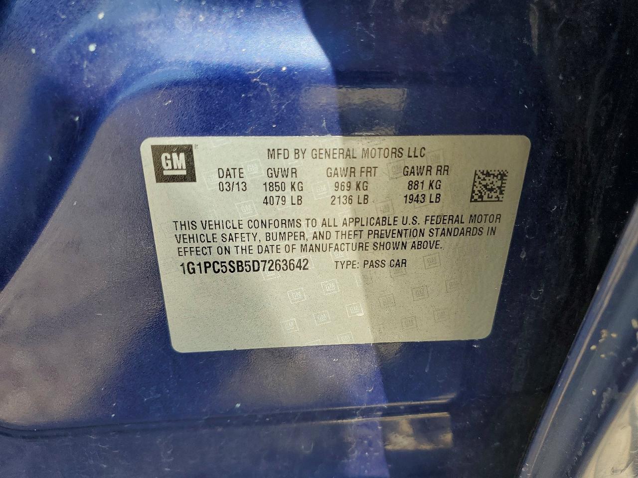 2013 Chevrolet Cruze Lt Blue vin: 1G1PC5SB5D7263642