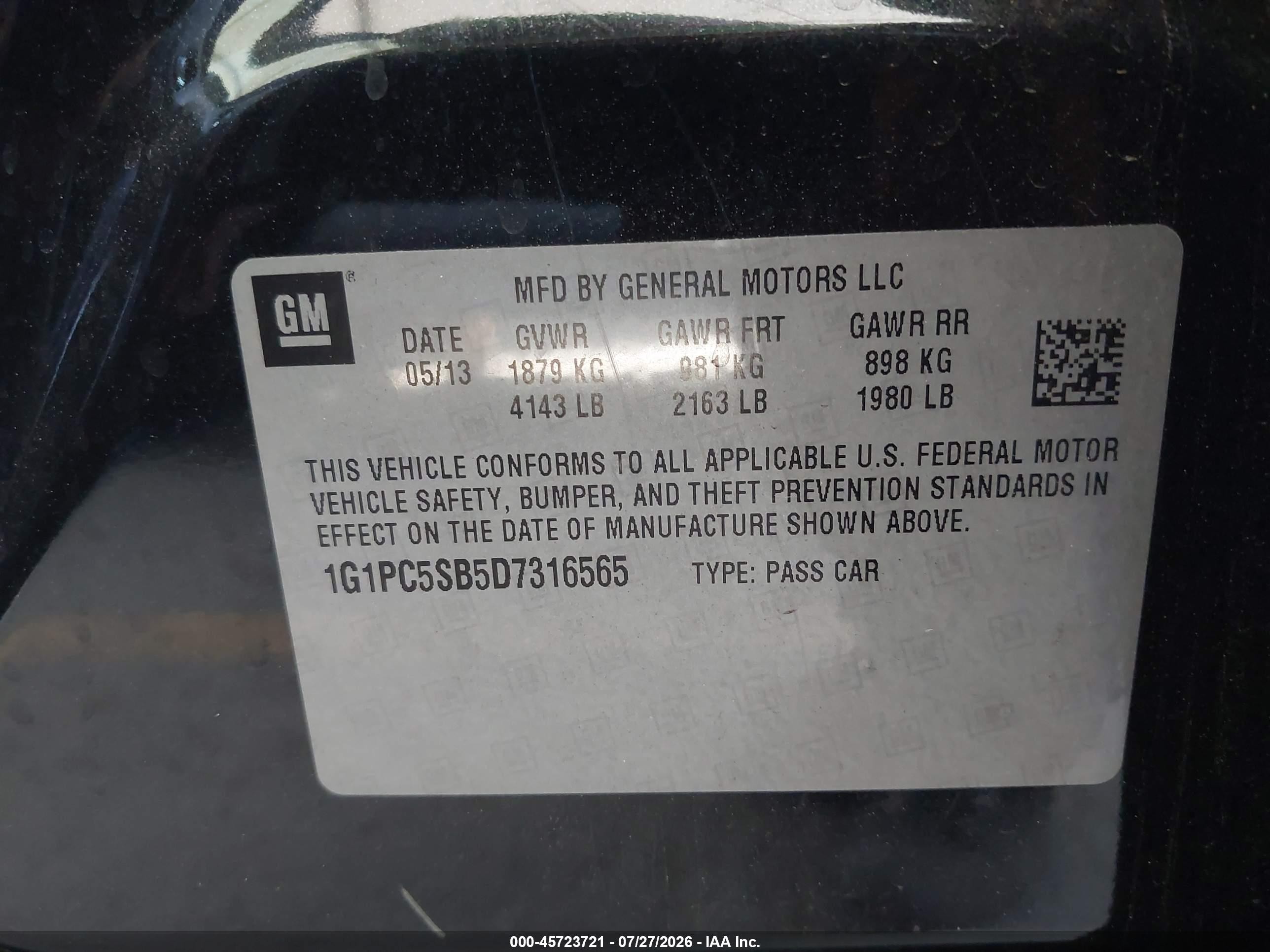 2013 Chevrolet Cruze 1lt Auto Black vin: 1G1PC5SB5D7316565