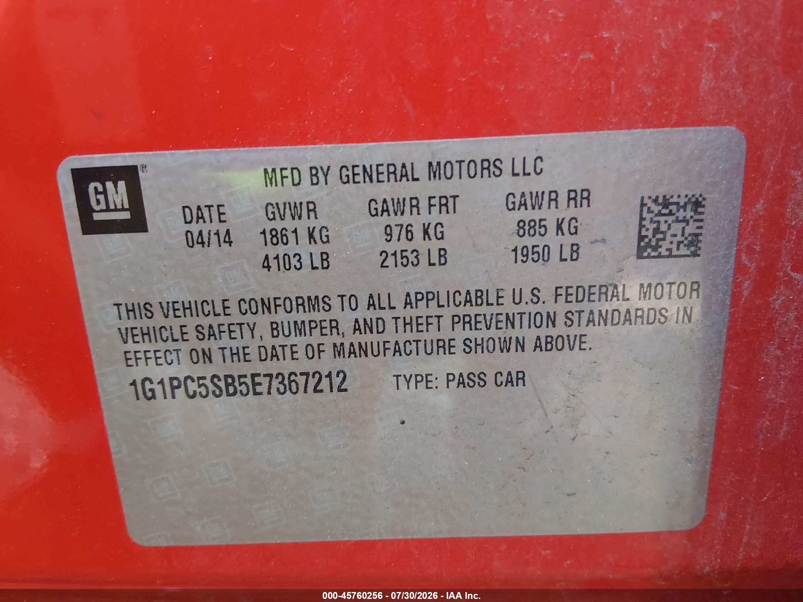 2014 Chevrolet Cruze 1lt Auto Red vin: 1G1PC5SB5E7367212