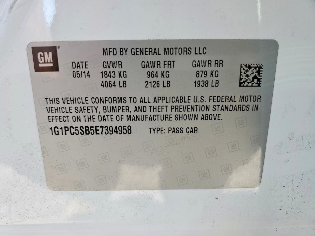 2014 Chevrolet Cruze Lt White vin: 1G1PC5SB5E7394958