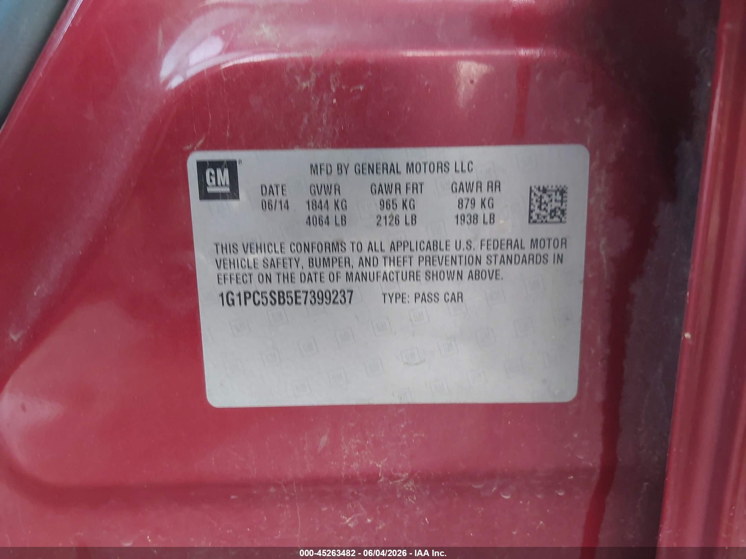 2014 Chevrolet Cruze 1lt Auto Red vin: 1G1PC5SB5E7399237