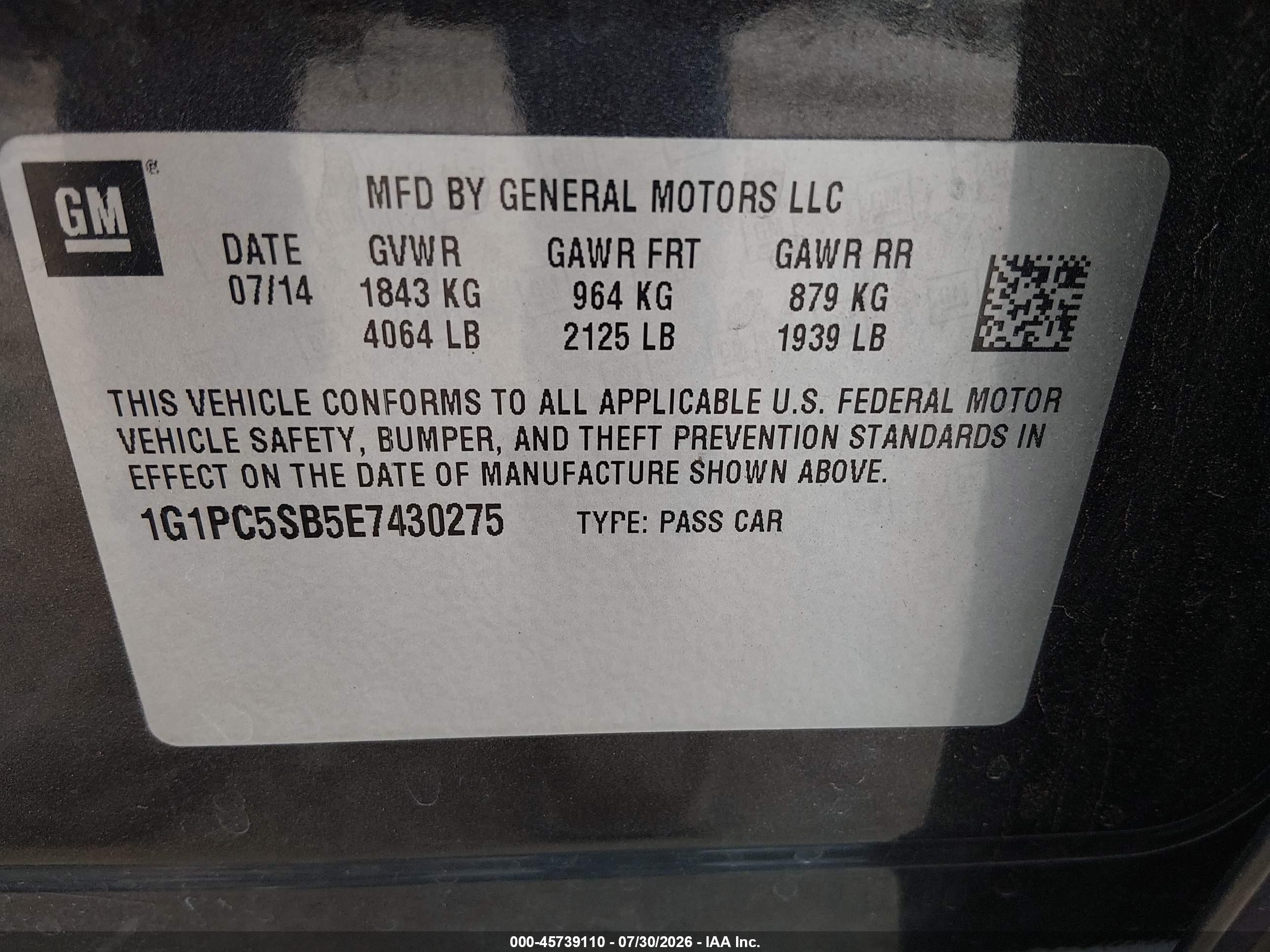 2014 Chevrolet Cruze 1lt Auto Black vin: 1G1PC5SB5E7430275