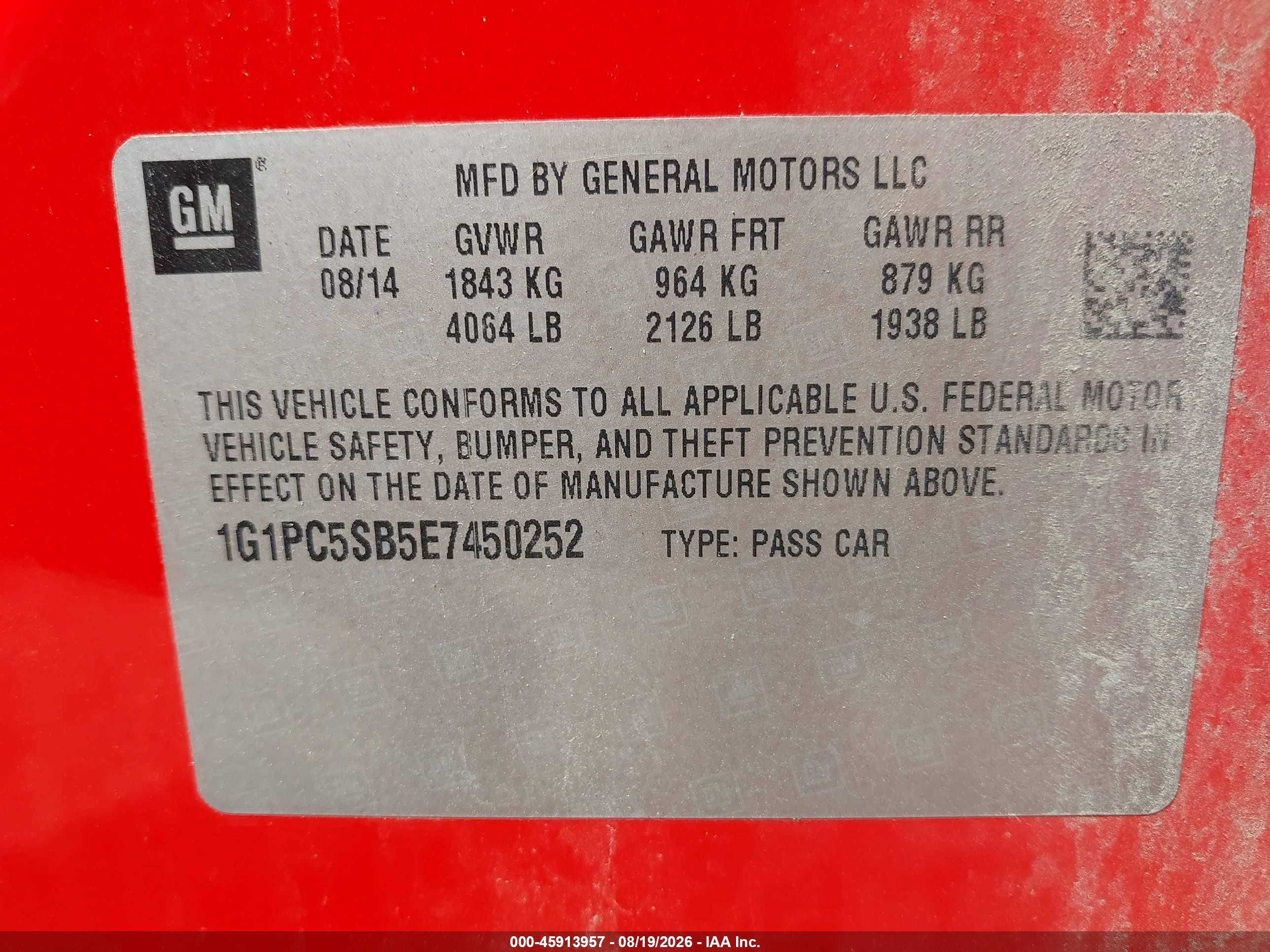 2014 Chevrolet Cruze 1lt Auto Красный vin: 1G1PC5SB5E7450252