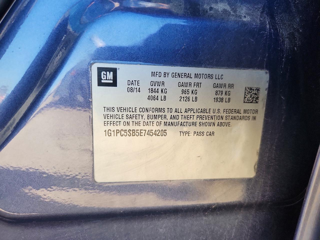 2014 Chevrolet Cruze Lt Blue vin: 1G1PC5SB5E7454205