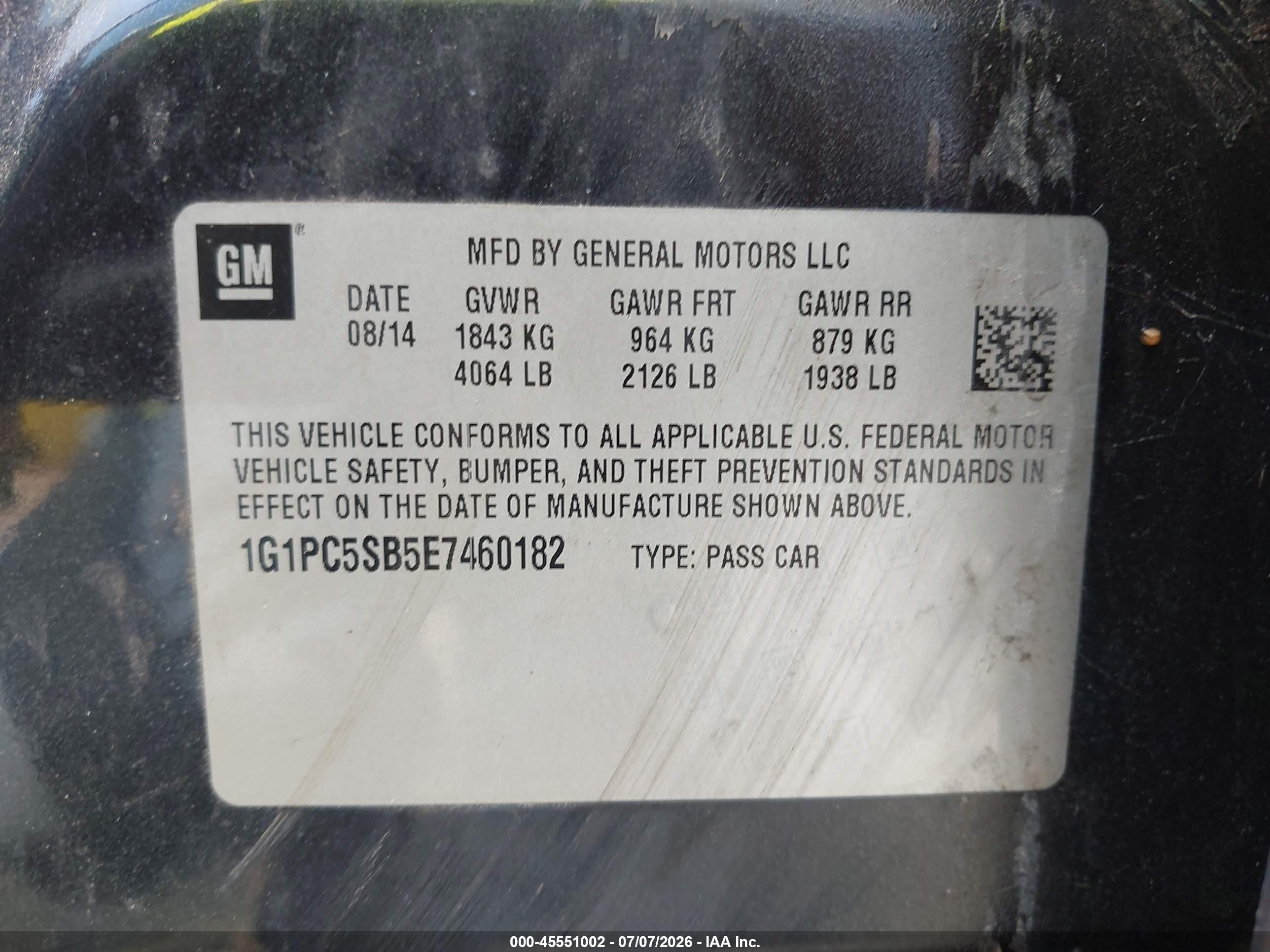 2014 Chevrolet Cruze 1lt Auto Black vin: 1G1PC5SB5E7460182