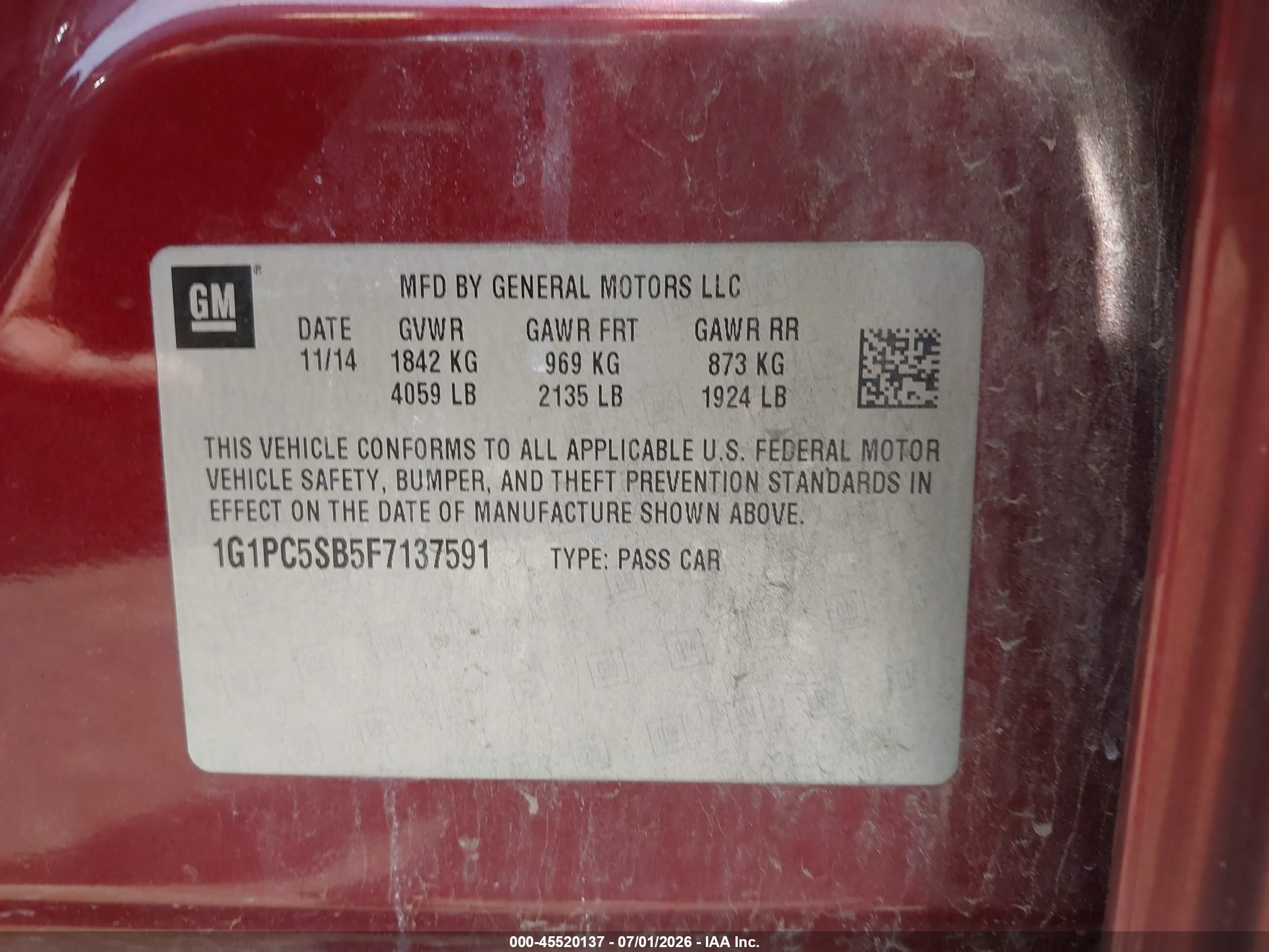 2015 Chevrolet Cruze 1lt Auto Maroon vin: 1G1PC5SB5F7137591