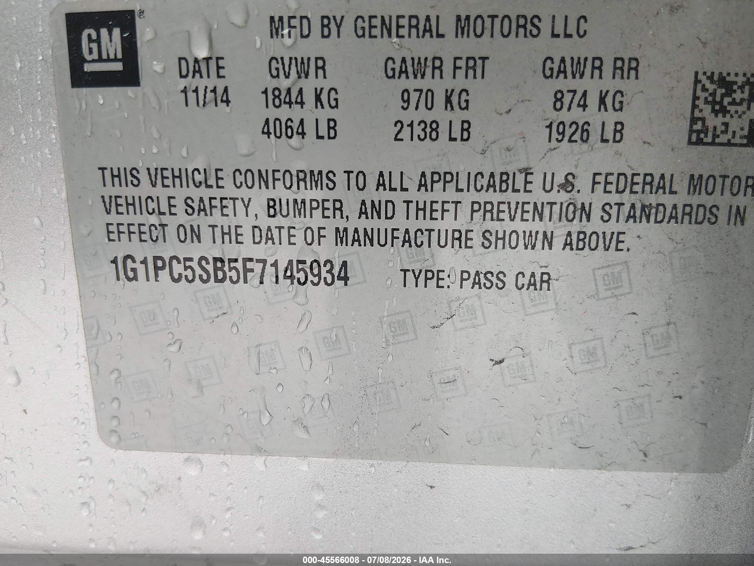 2015 Chevrolet Cruze 1lt Auto Серебряный vin: 1G1PC5SB5F7145934