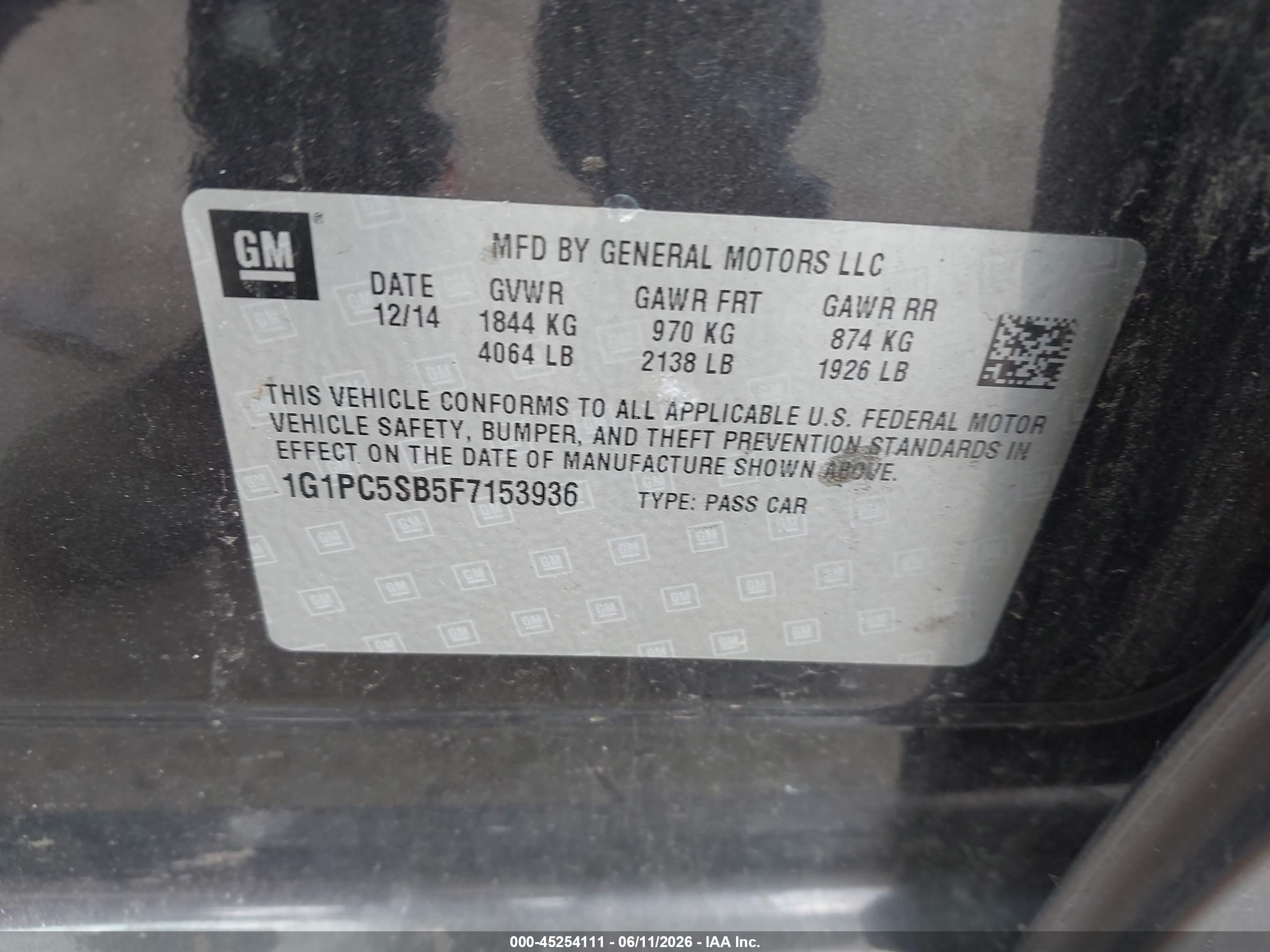 2015 Chevrolet Cruze 1lt Auto Gray vin: 1G1PC5SB5F7153936