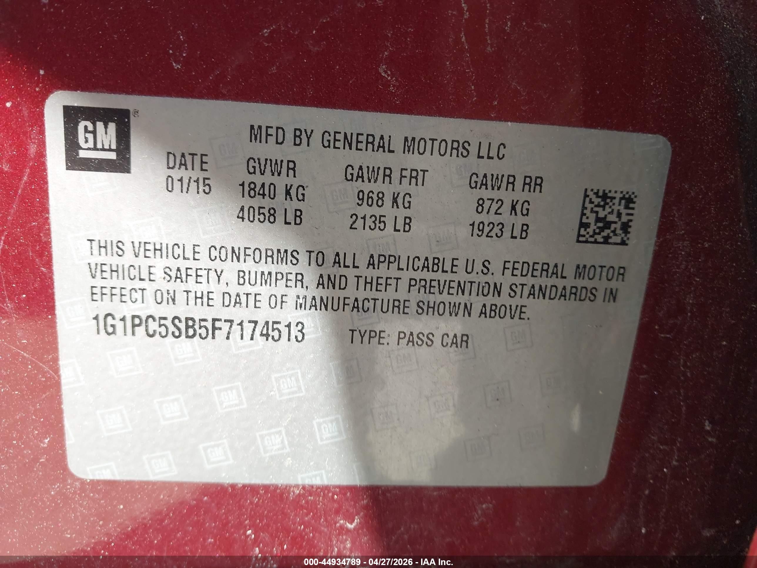 2015 Chevrolet Cruze 1lt Auto Red vin: 1G1PC5SB5F7174513