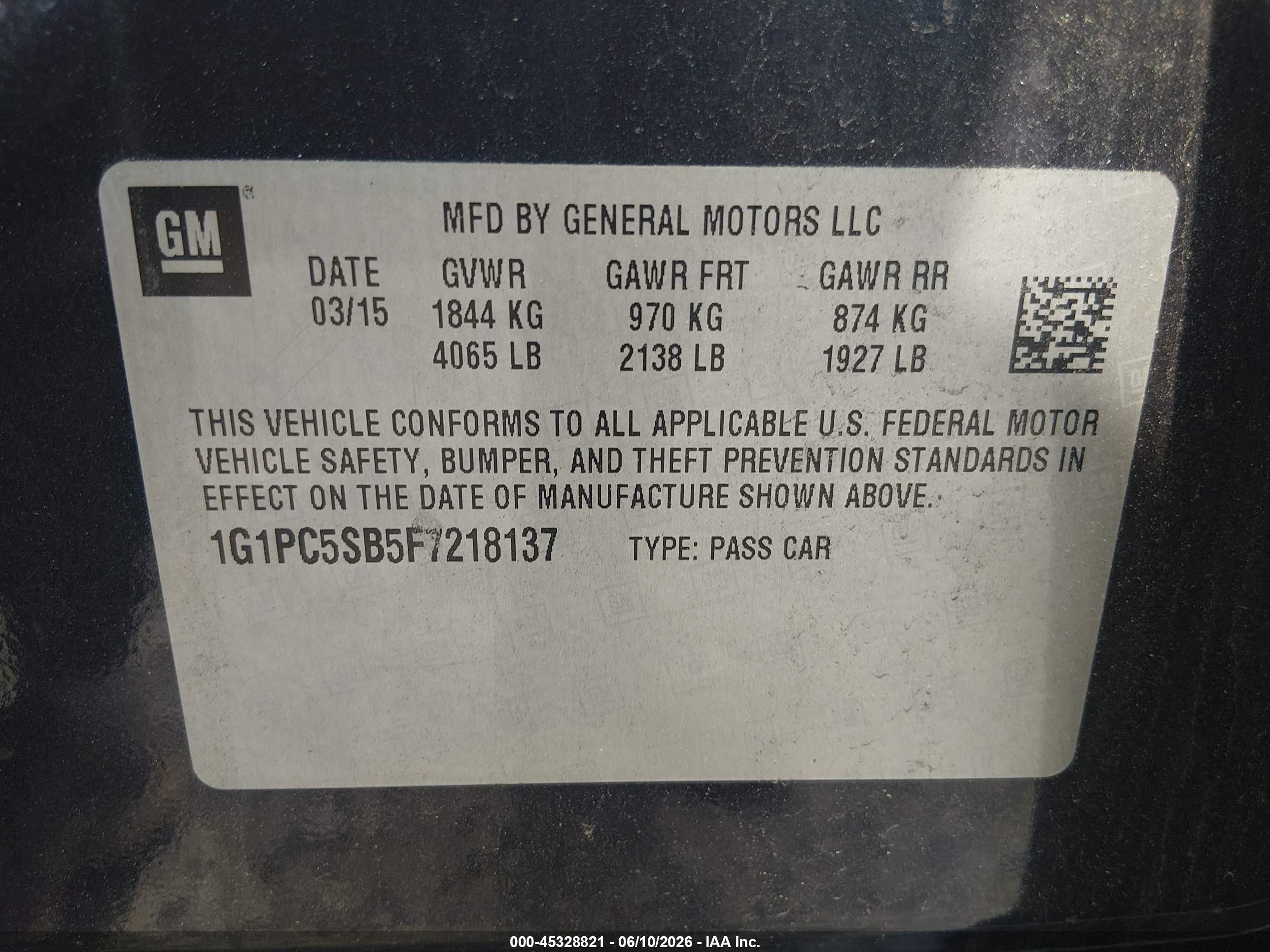 2015 Chevrolet Cruze 1lt Auto Синий vin: 1G1PC5SB5F7218137