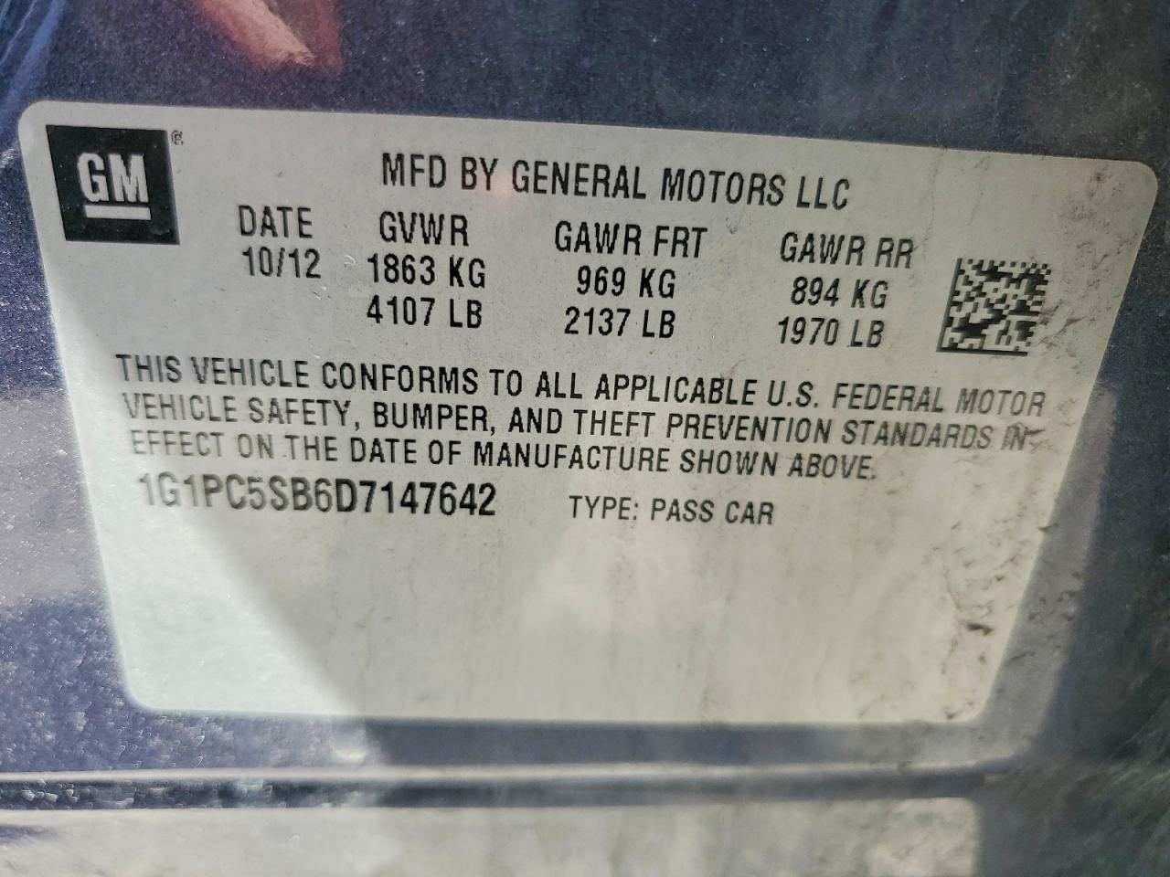 2013 Chevrolet Cruze Lt Blue vin: 1G1PC5SB6D7147642