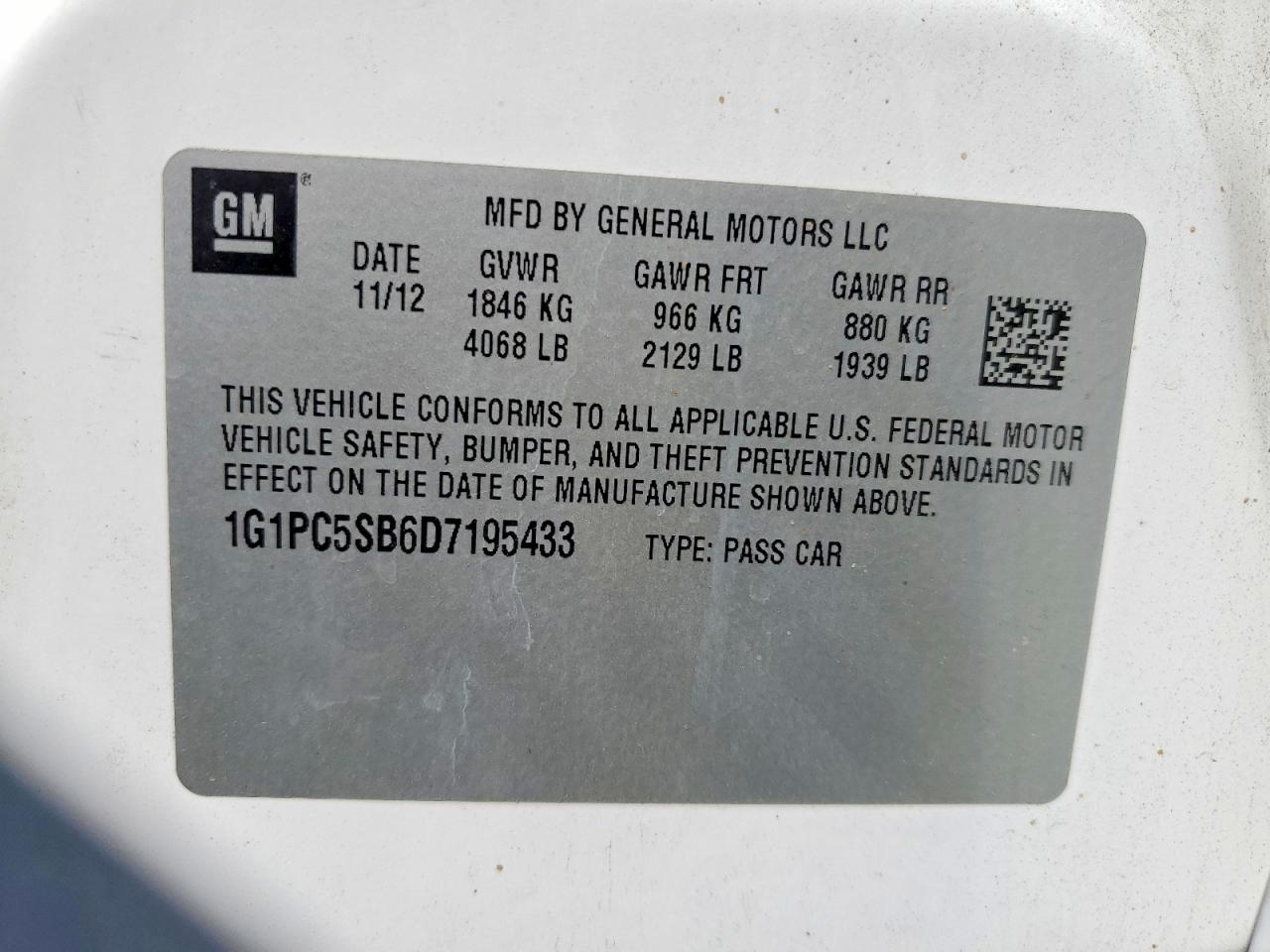 2013 Chevrolet Cruze Lt White vin: 1G1PC5SB6D7195433
