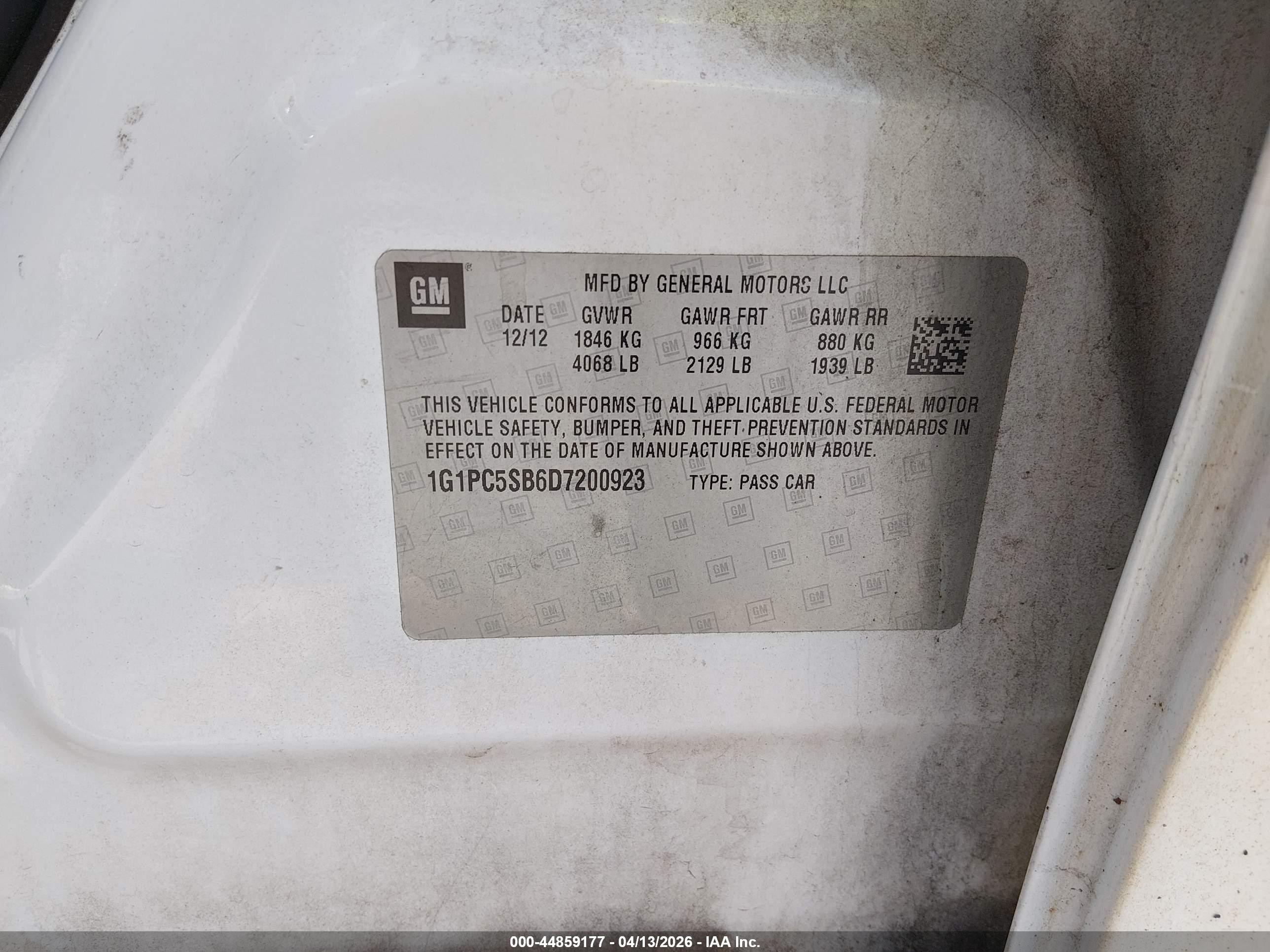 2013 Chevrolet Cruze 1lt Auto White vin: 1G1PC5SB6D7200923
