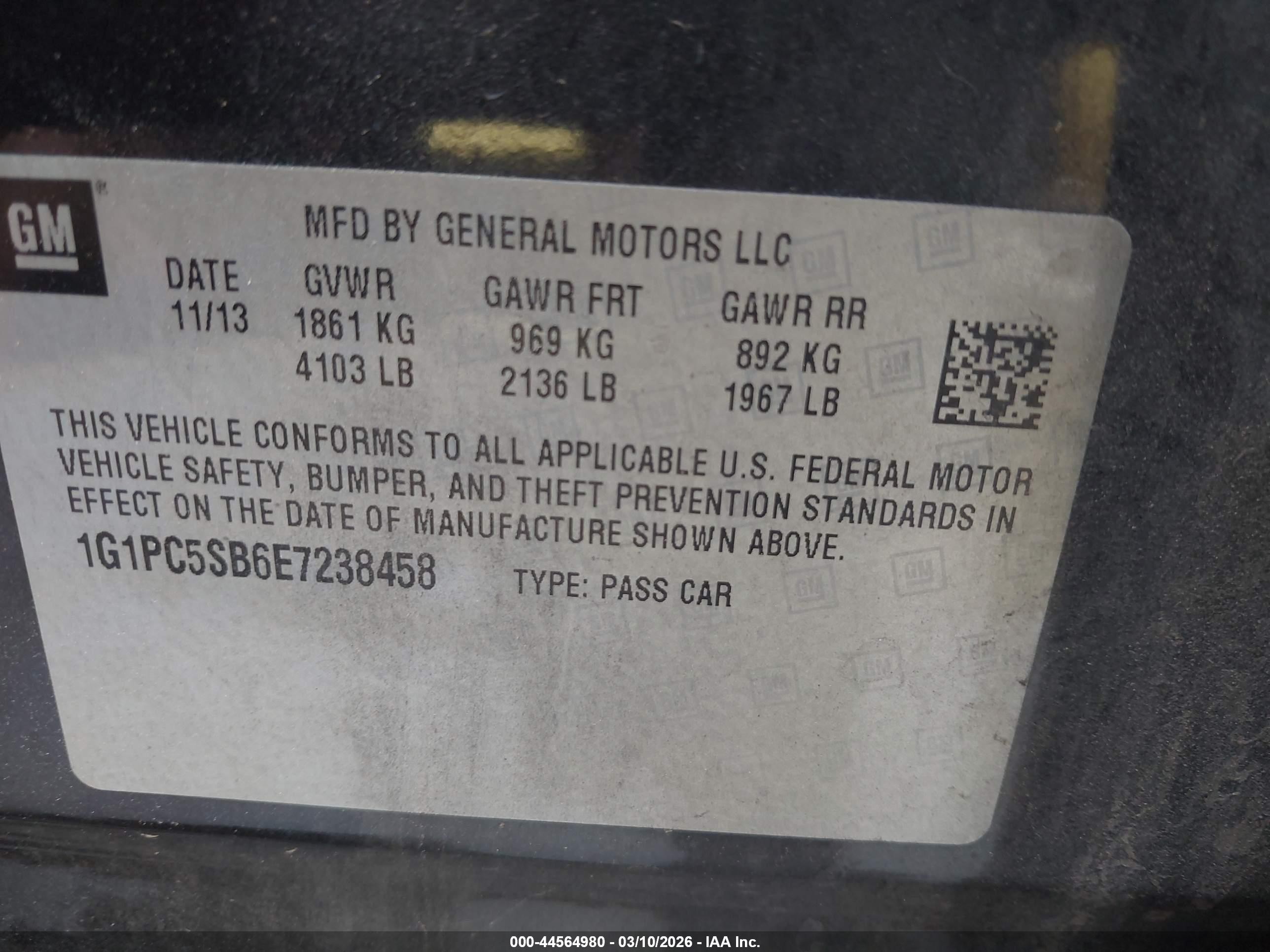 2014 Chevrolet Cruze 1lt Auto Black vin: 1G1PC5SB6E7238458