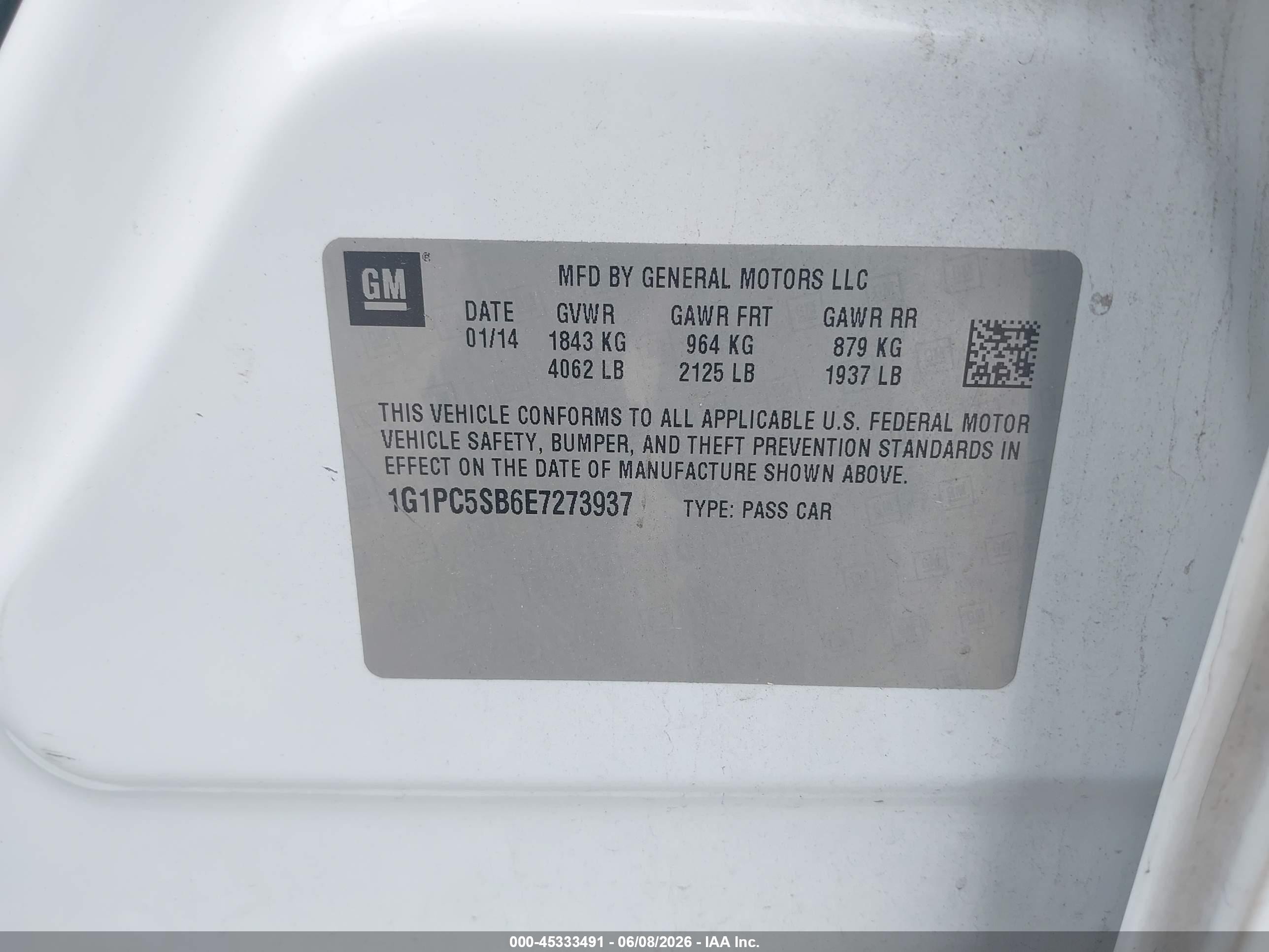 2014 Chevrolet Cruze 1lt Auto White vin: 1G1PC5SB6E7273937