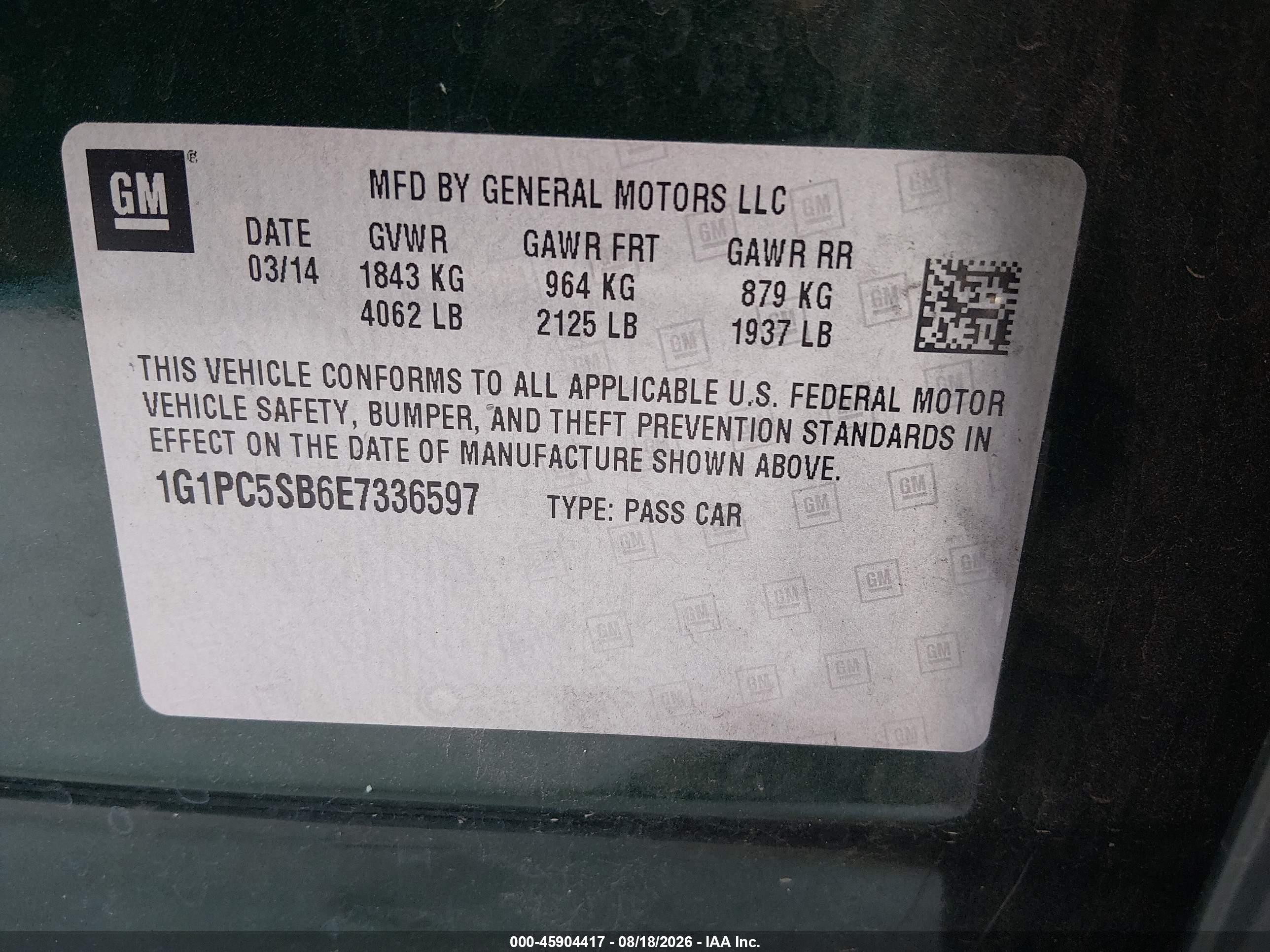 2014 Chevrolet Cruze 1lt Auto Black vin: 1G1PC5SB6E7336597