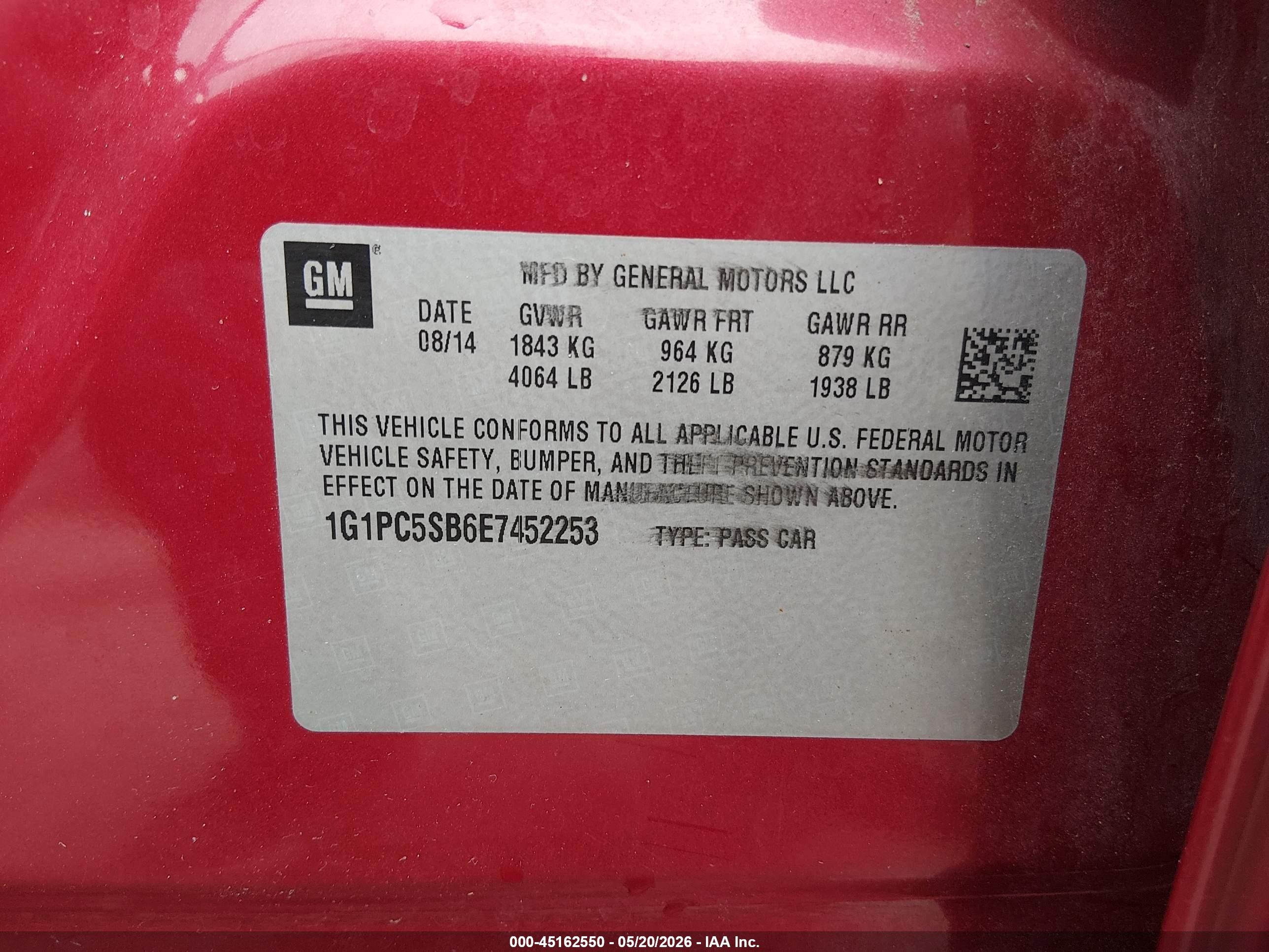 2014 Chevrolet Cruze 1lt Auto Red vin: 1G1PC5SB6E7452253