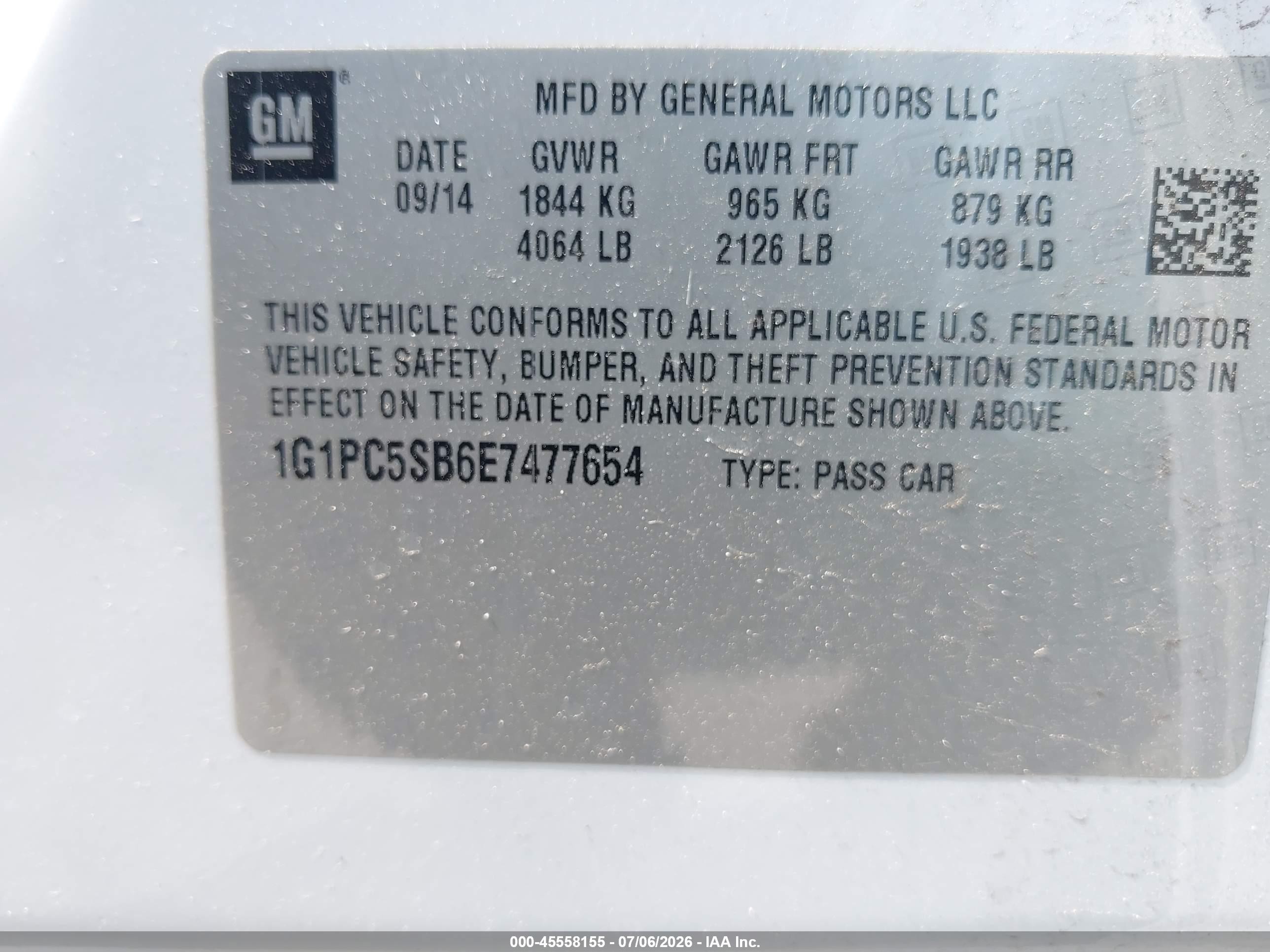 2014 Chevrolet Cruze 1lt Auto White vin: 1G1PC5SB6E7477654