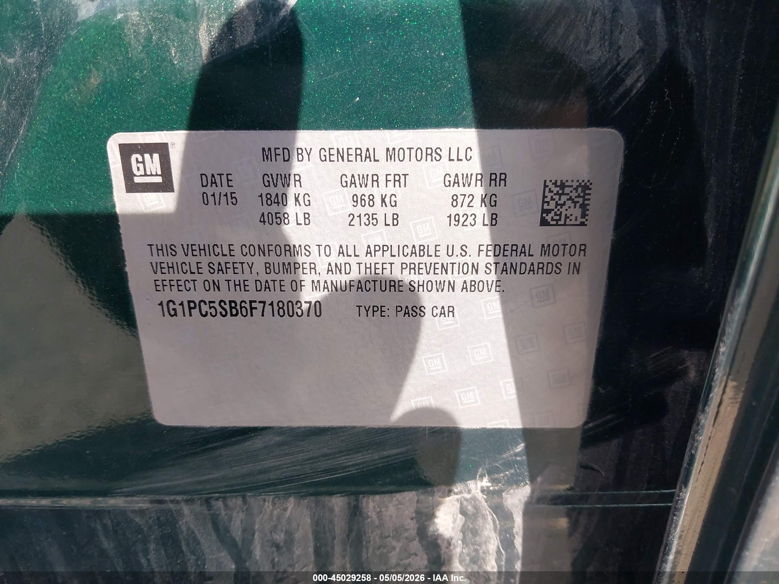 2015 Chevrolet Cruze 1lt Auto Green vin: 1G1PC5SB6F7180370