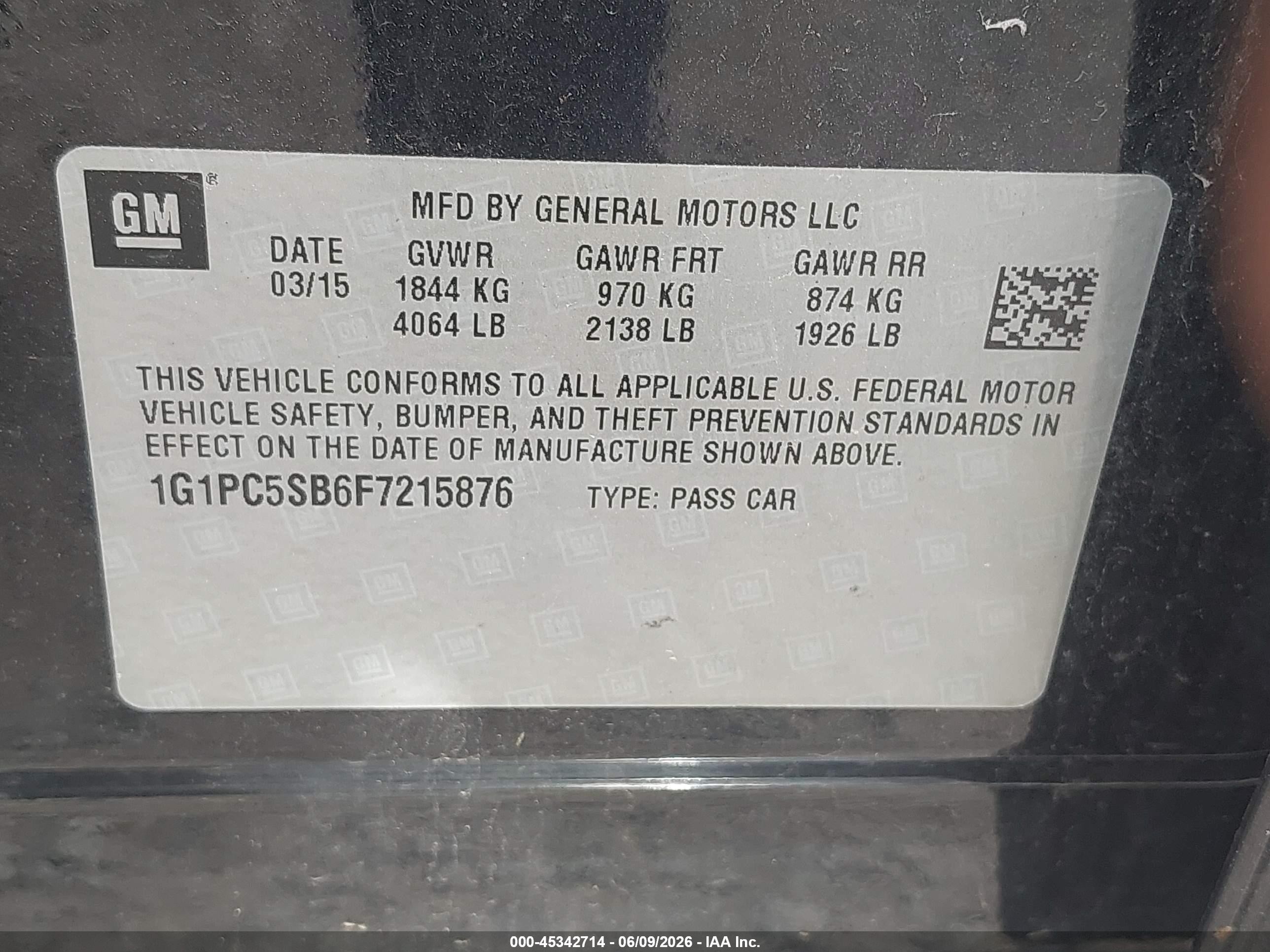 2015 Chevrolet Cruze 1lt Auto Black vin: 1G1PC5SB6F7215876