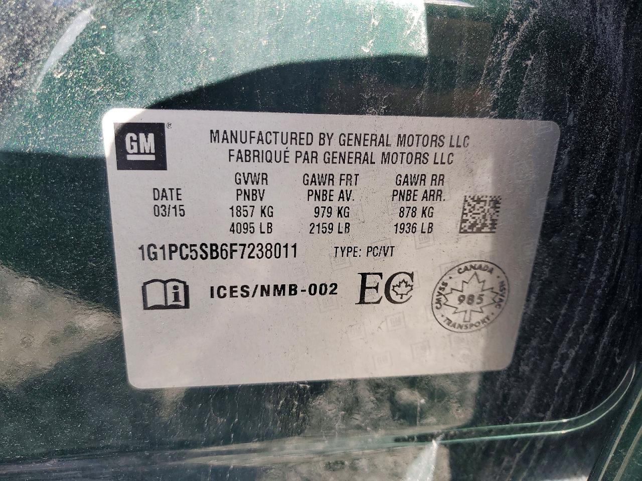 2015 Chevrolet Cruze Lt Green vin: 1G1PC5SB6F7238011