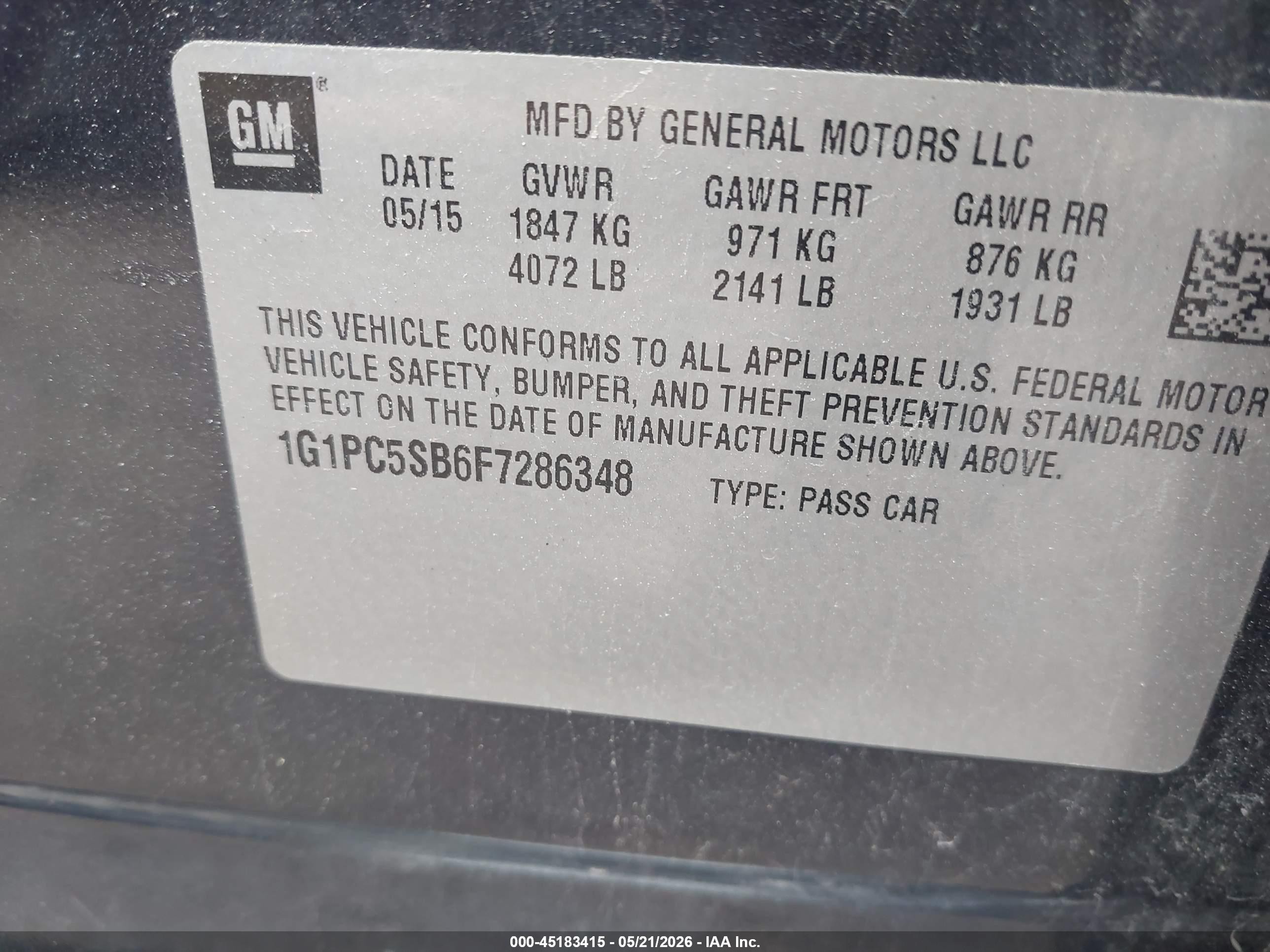 2015 Chevrolet Cruze 1lt Auto Dark Blue vin: 1G1PC5SB6F7286348