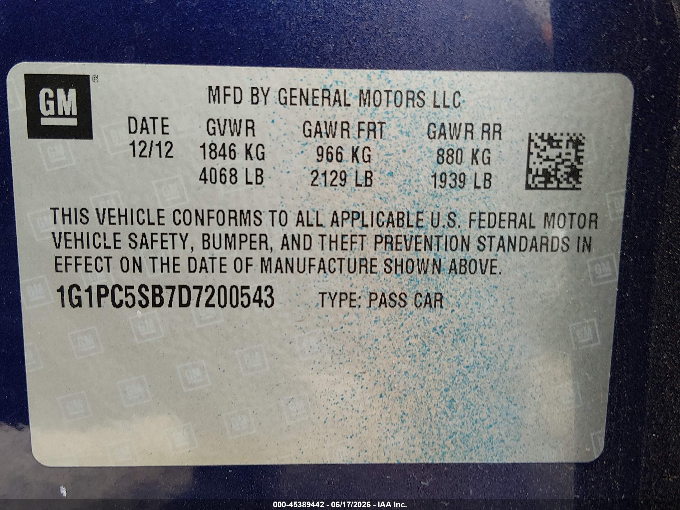 2013 Chevrolet Cruze 1lt Auto Синий vin: 1G1PC5SB7D7200543