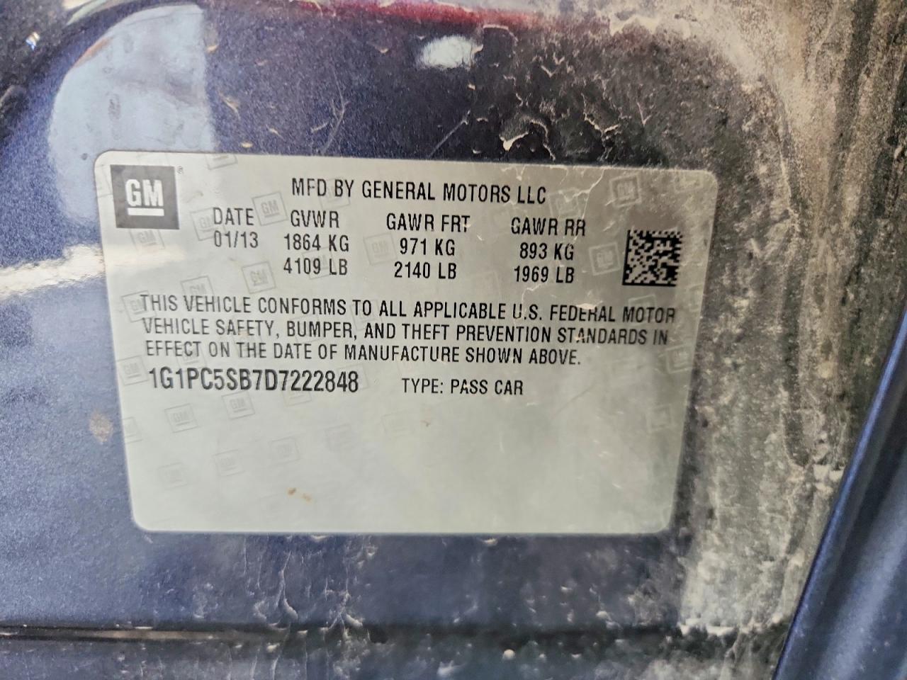 2013 Chevrolet Cruze Lt Blue vin: 1G1PC5SB7D7222848