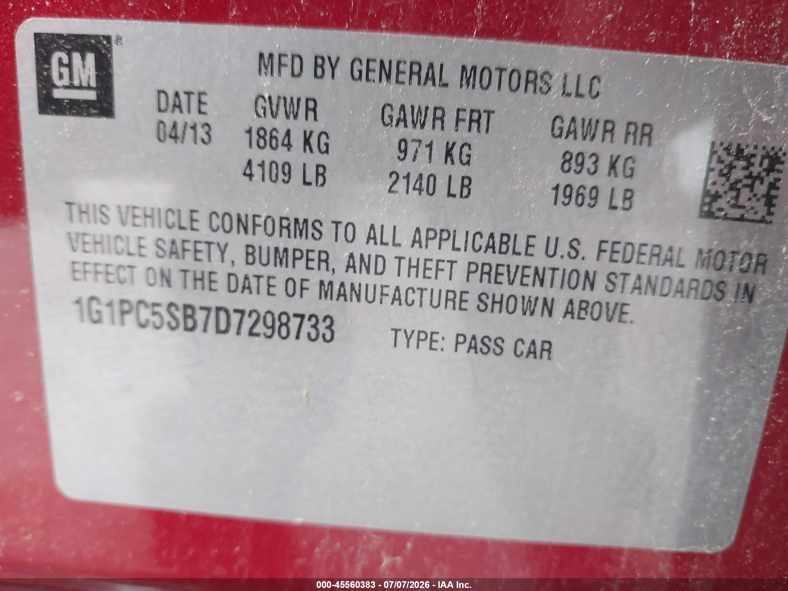 2013 Chevrolet Cruze 1lt Auto Red vin: 1G1PC5SB7D7298733