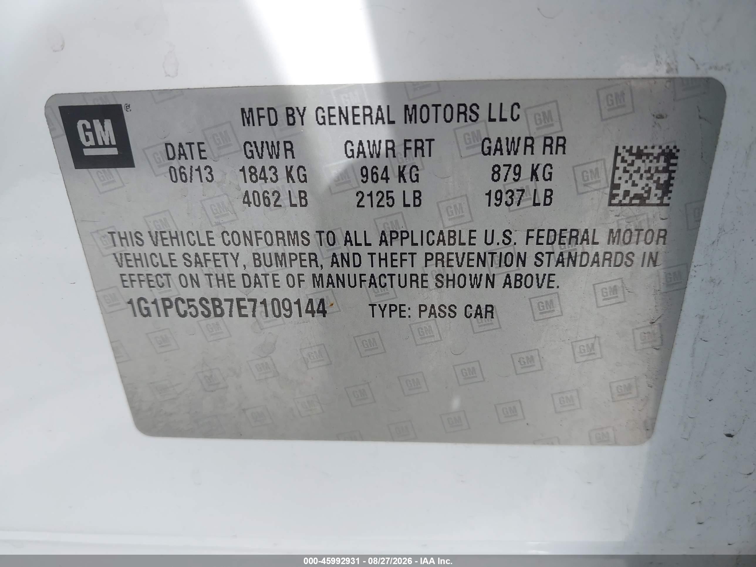 2014 Chevrolet Cruze 1lt Auto Белый vin: 1G1PC5SB7E7109144