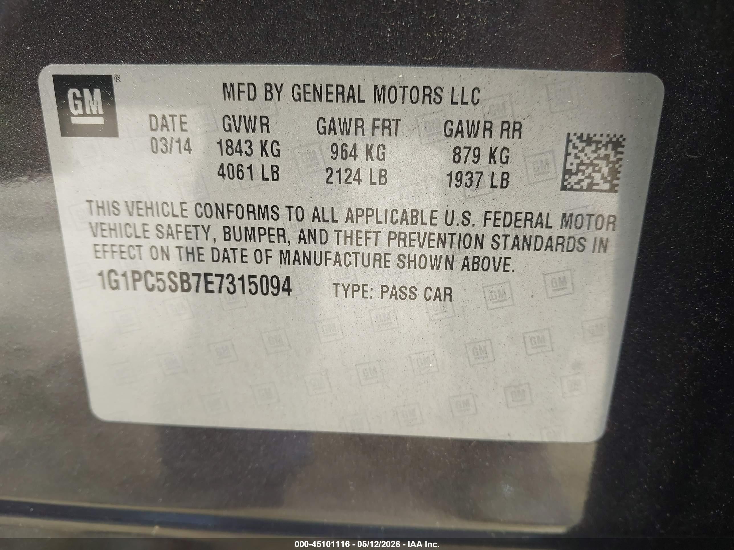 2014 Chevrolet Cruze 1lt Auto Gray vin: 1G1PC5SB7E7315094